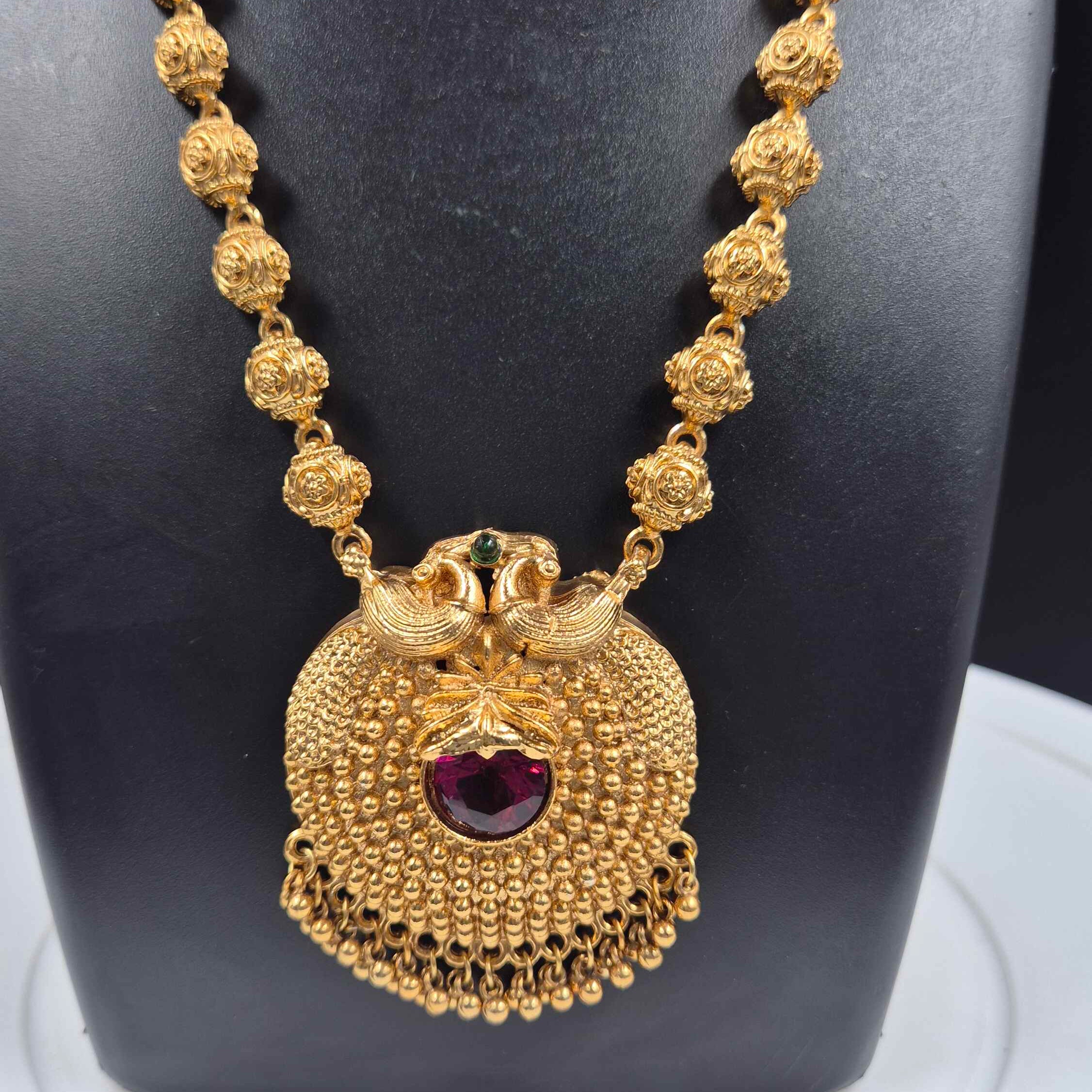 Antique Peacock Long Haram Necklace Set with Ruby Accent Pendant