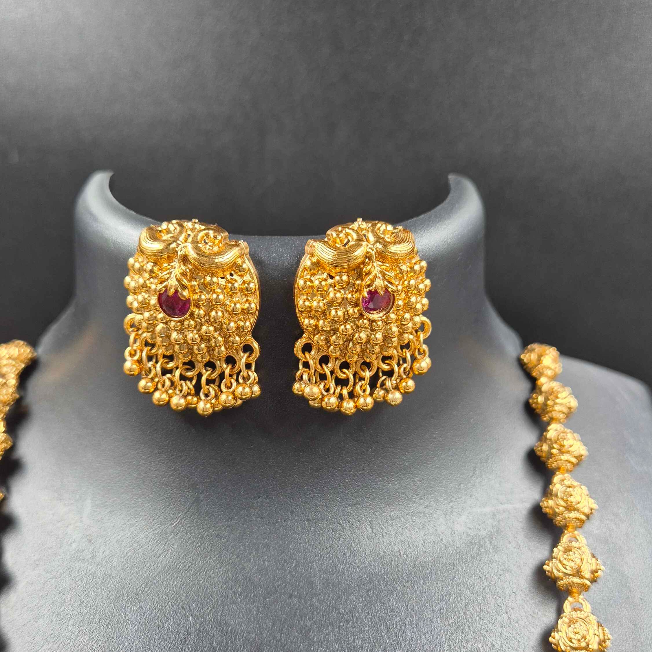 Antique Peacock Long Haram Necklace Set with Ruby Accent Pendant