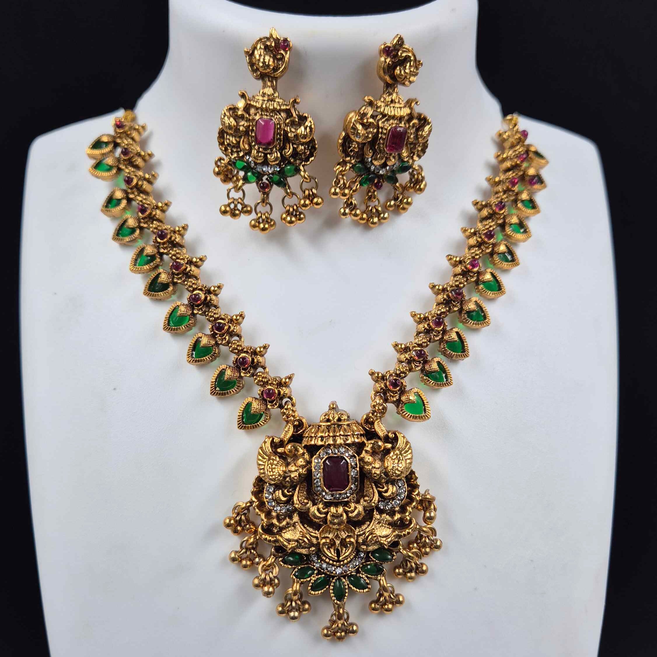 Antique Peacock pendant in pallaka Necklace Set with Green Stone Drops & Statement Earrings