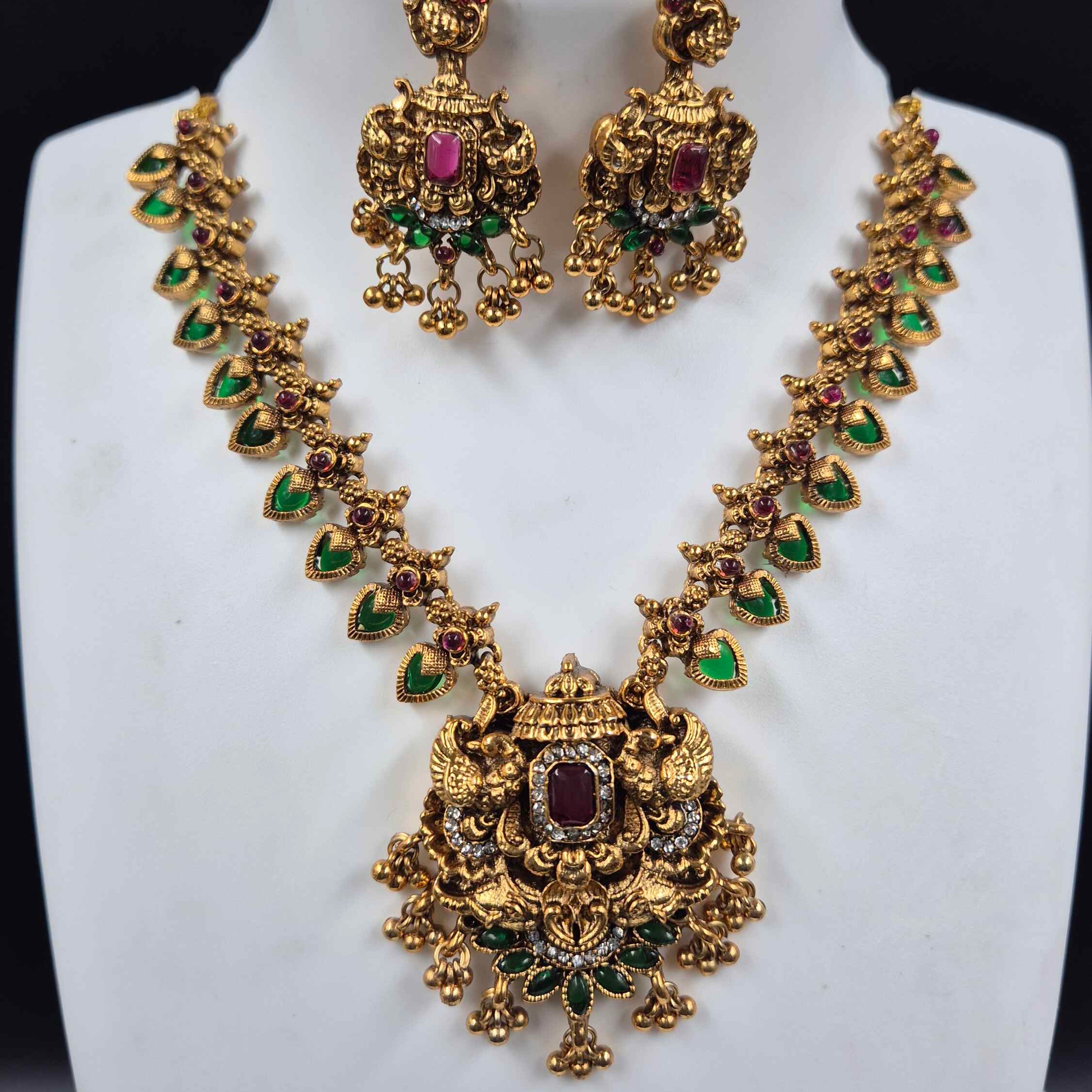 Antique Peacock pendant in pallaka Necklace Set with Green Stone Drops & Statement Earrings