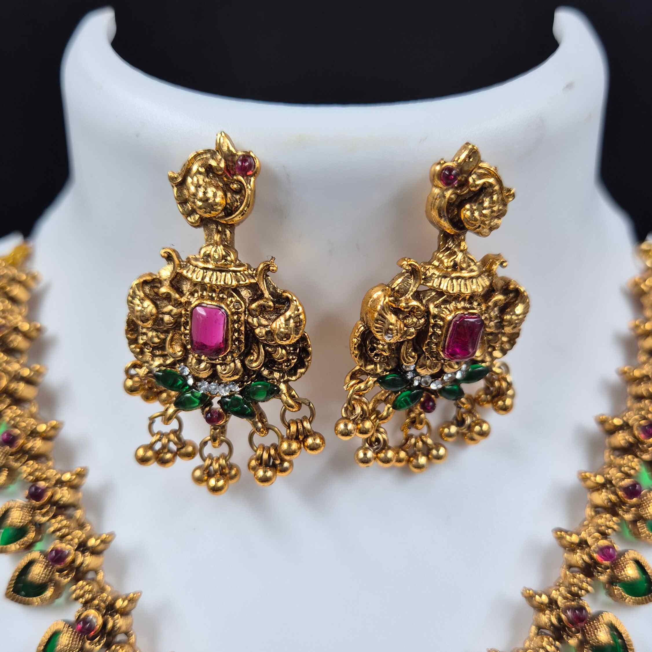 Antique Peacock pendant in pallaka Necklace Set with Green Stone Drops & Statement Earrings
