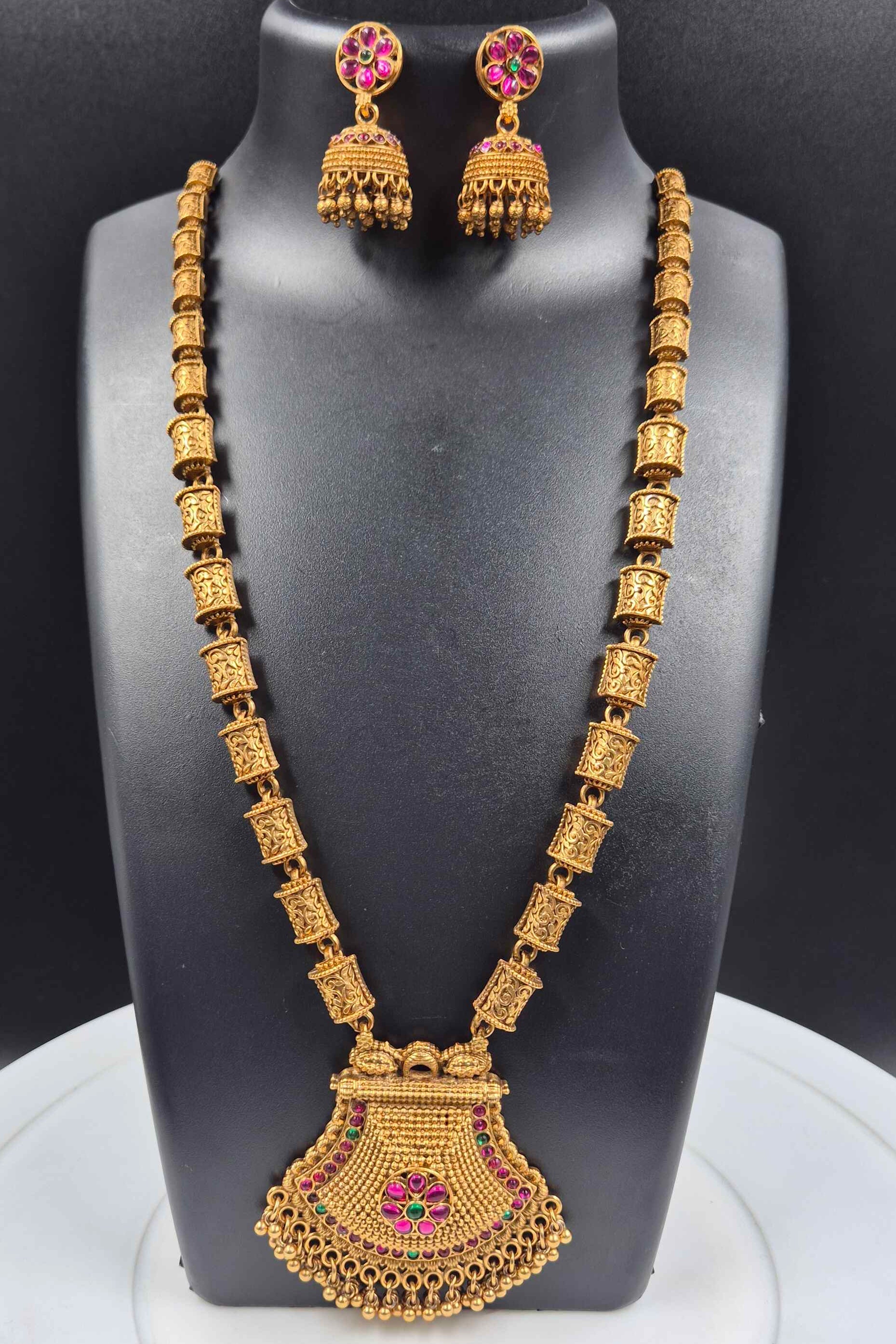 Antique Gold-Tone Long Haram Necklace Set with Floral Pendant & Jhumka Earrings