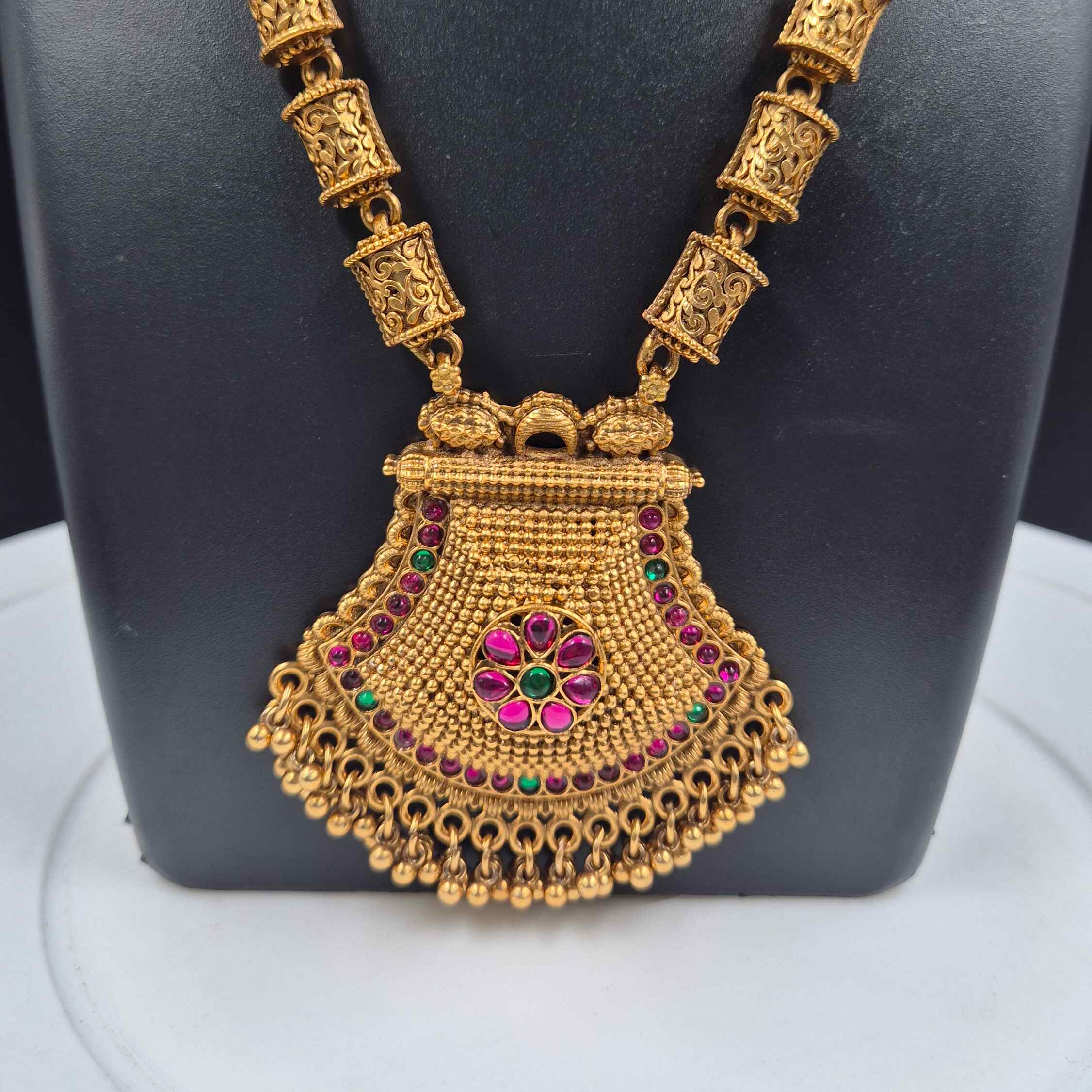 Antique Gold-Tone Long Haram Necklace Set with Floral Pendant & Jhumka Earrings