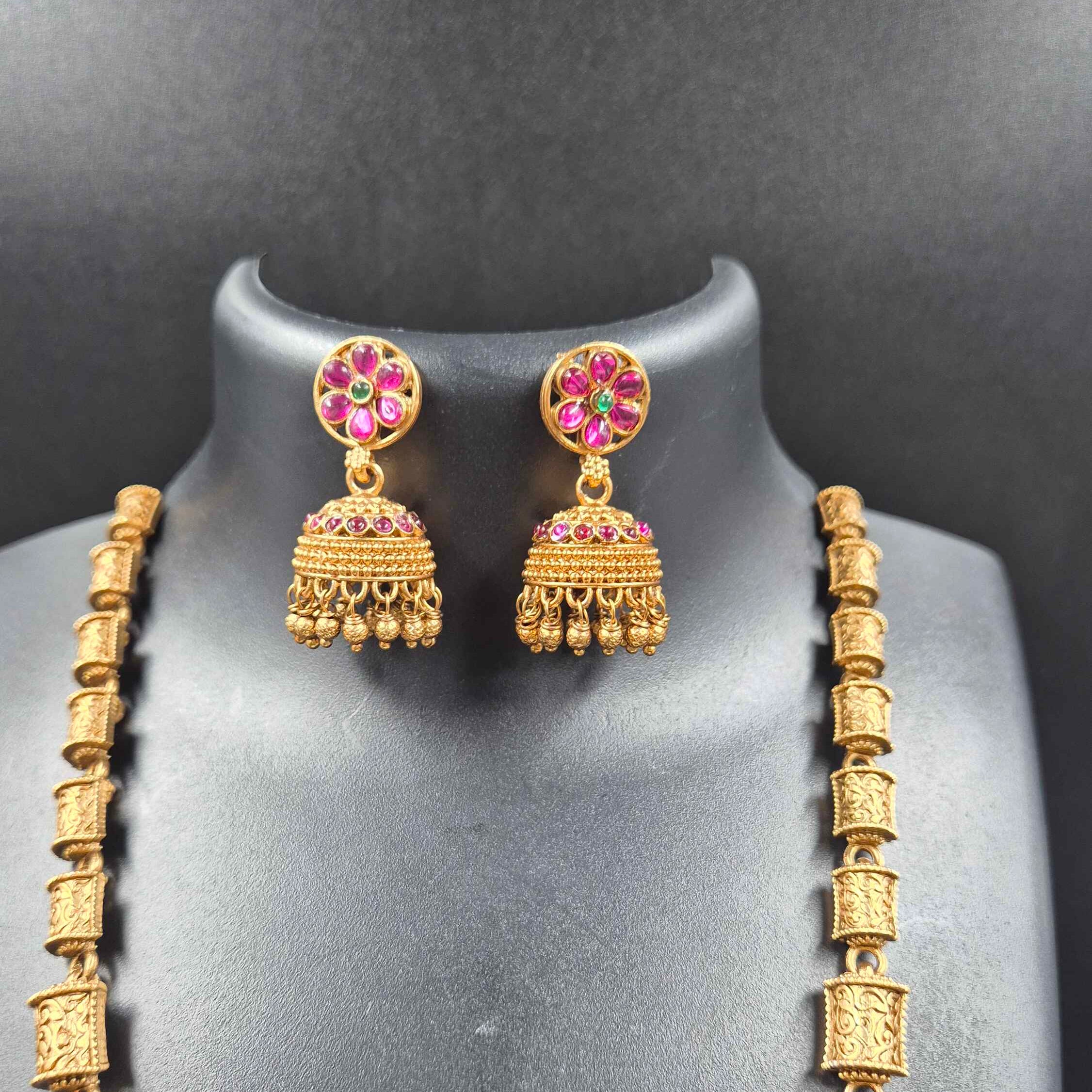 Antique Gold-Tone Long Haram Necklace Set with Floral Pendant & Jhumka Earrings