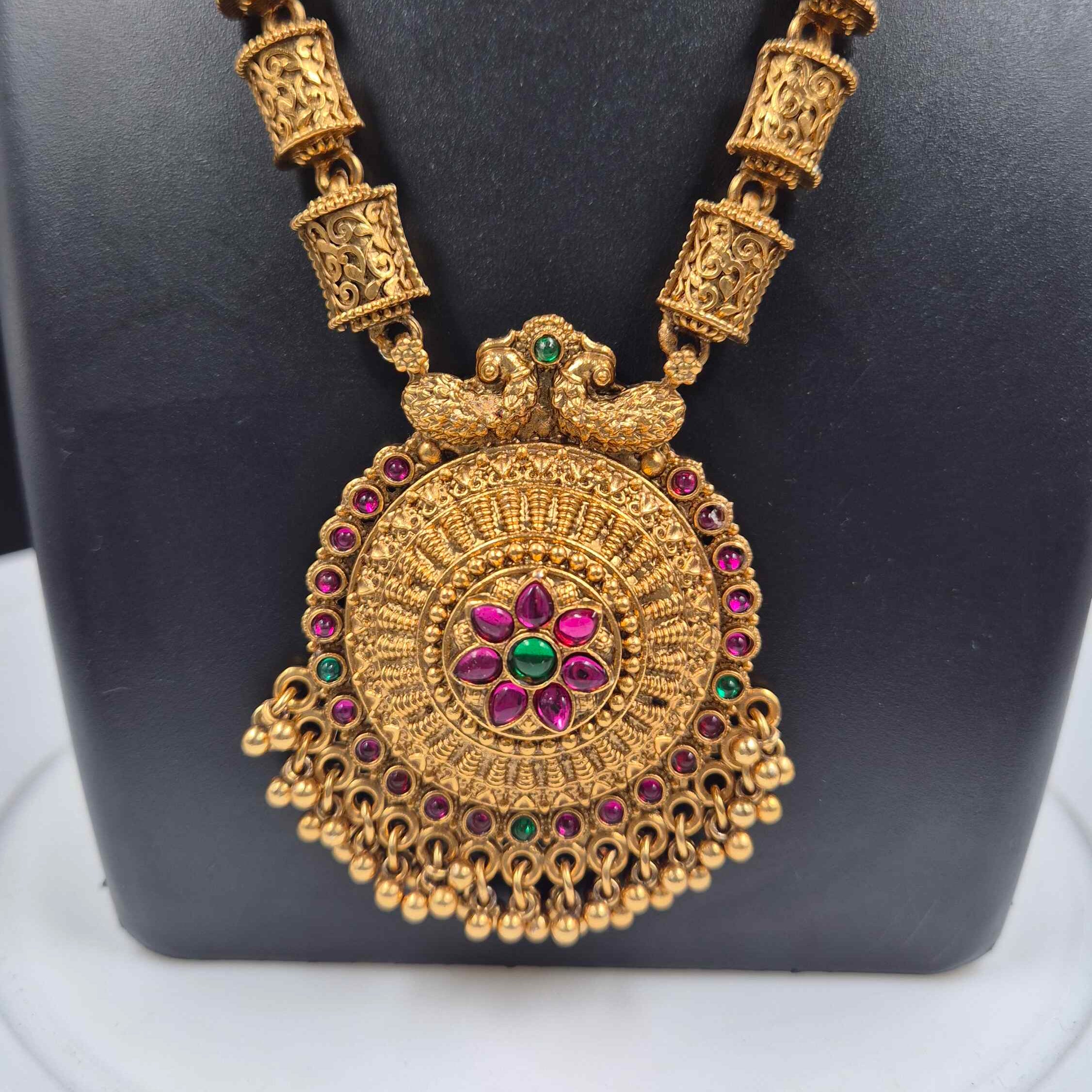 Antique Gold-Tone Long Haram Necklace Set with Floral Pendant & Jhumka Earrings