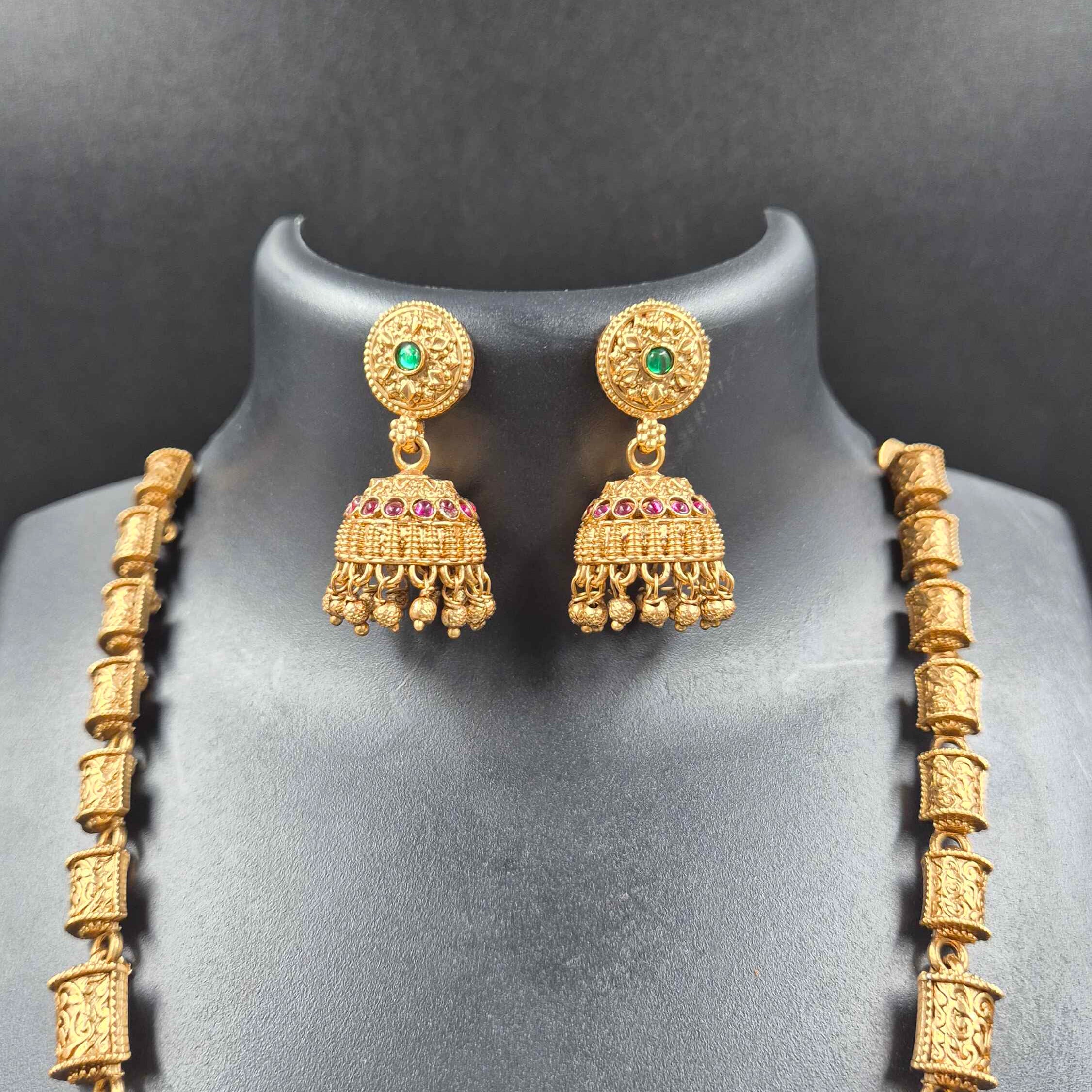 Antique Gold-Tone Long Haram Necklace Set with Floral Pendant & Jhumka Earrings
