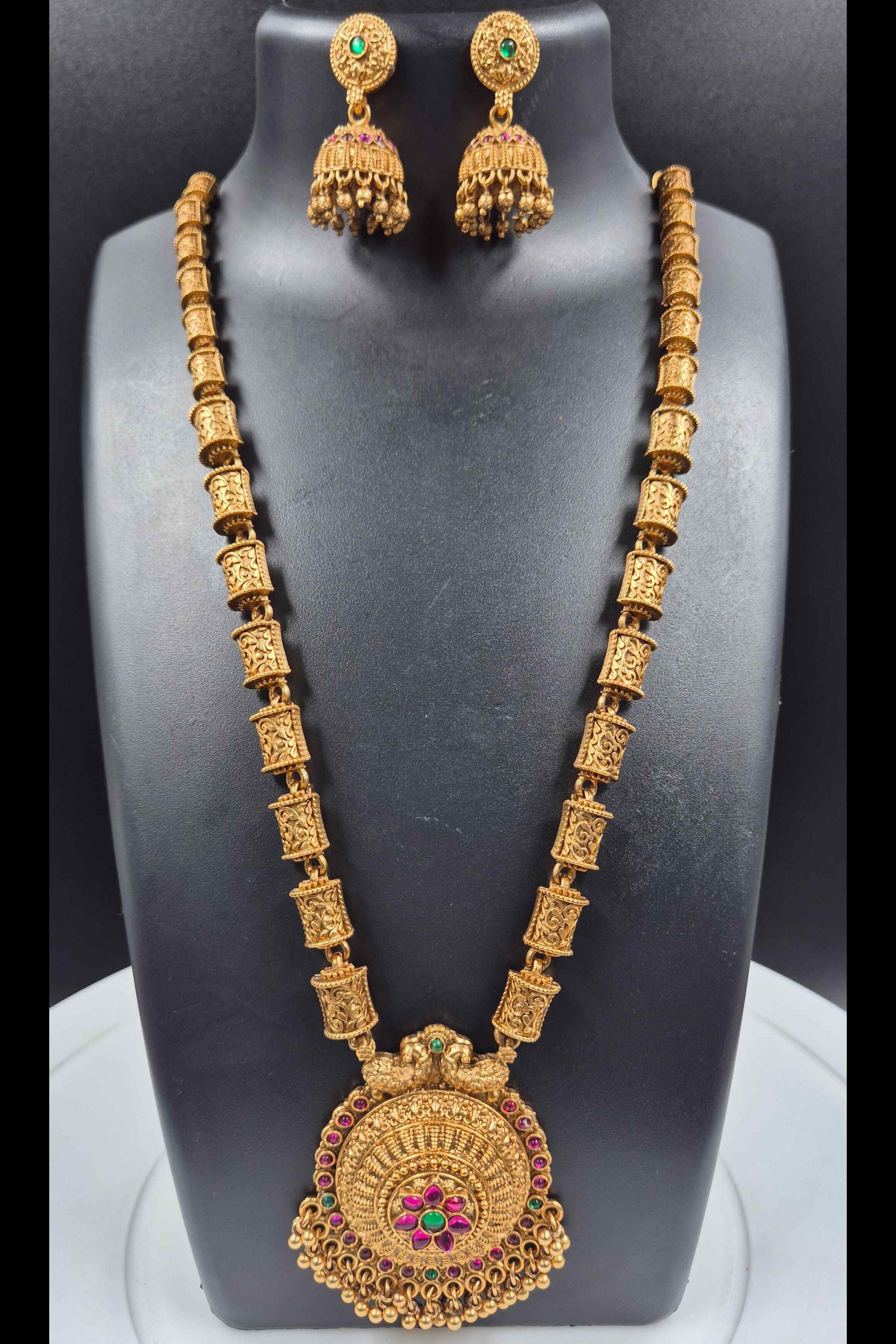 Antique Gold-Tone Long Haram Necklace Set with Floral Pendant & Jhumka Earrings