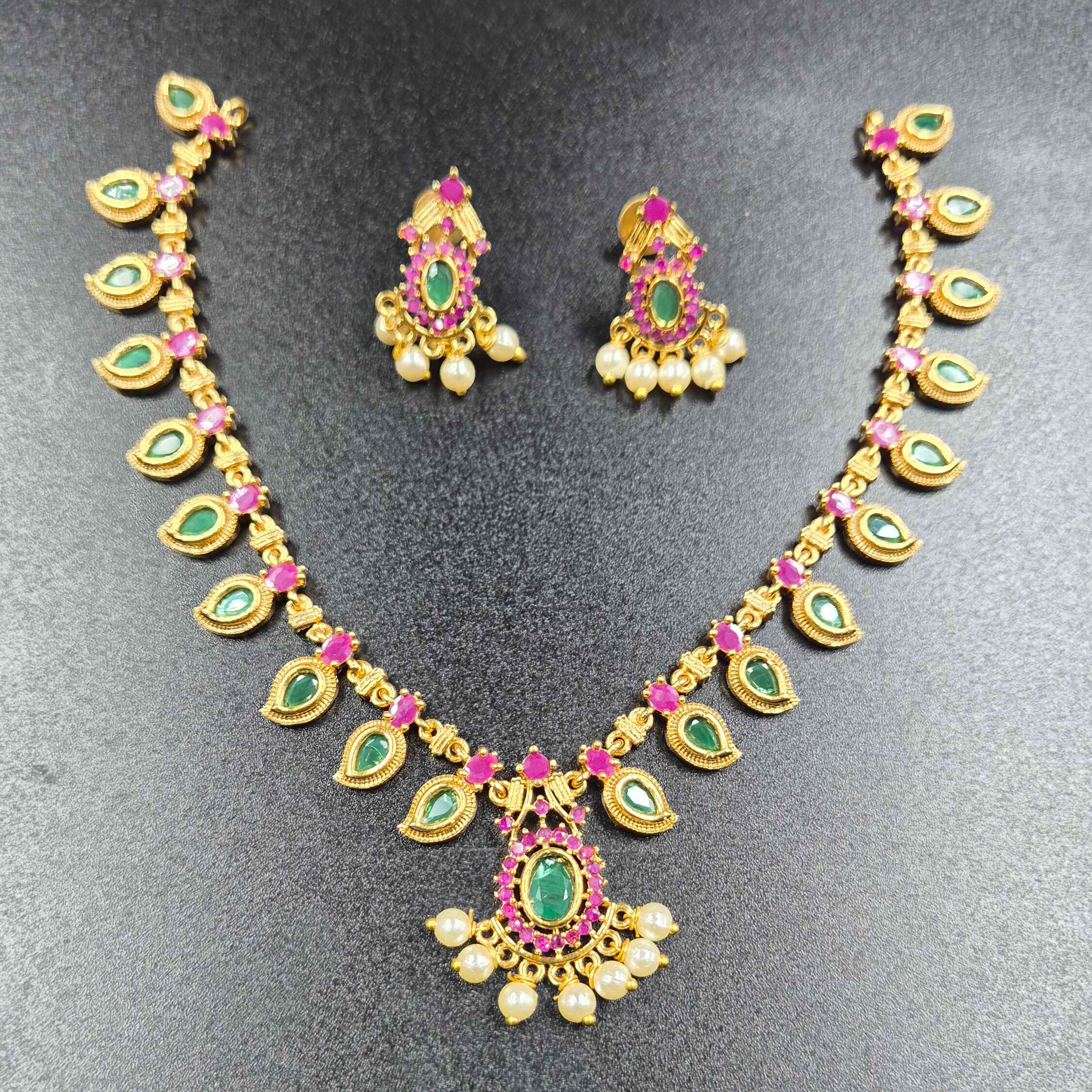 Antique Gold-Tone Green palakka & Pink Stone Necklace Set with Pearl Drops