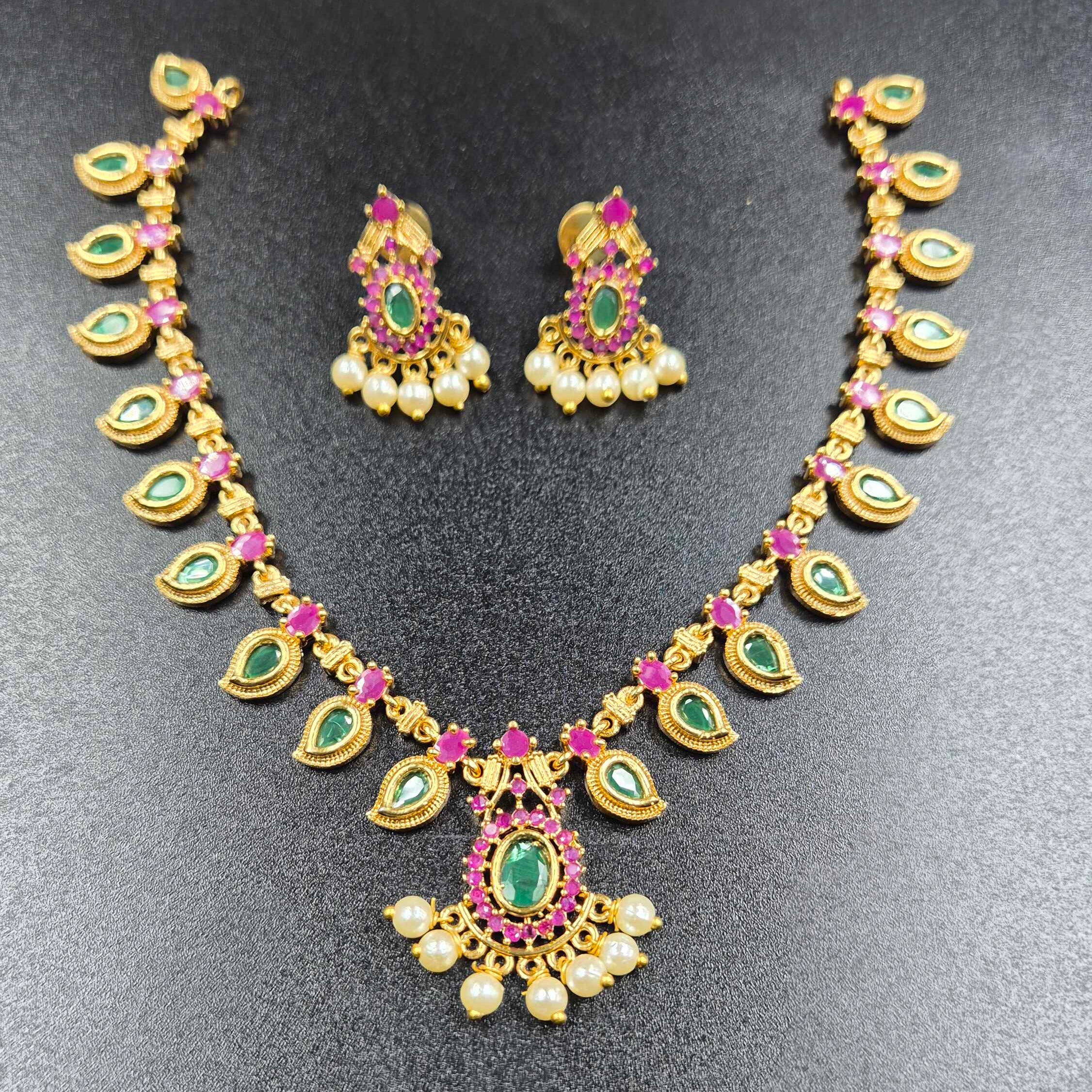 Antique Gold-Tone Green palakka & Pink Stone Necklace Set with Pearl Drops