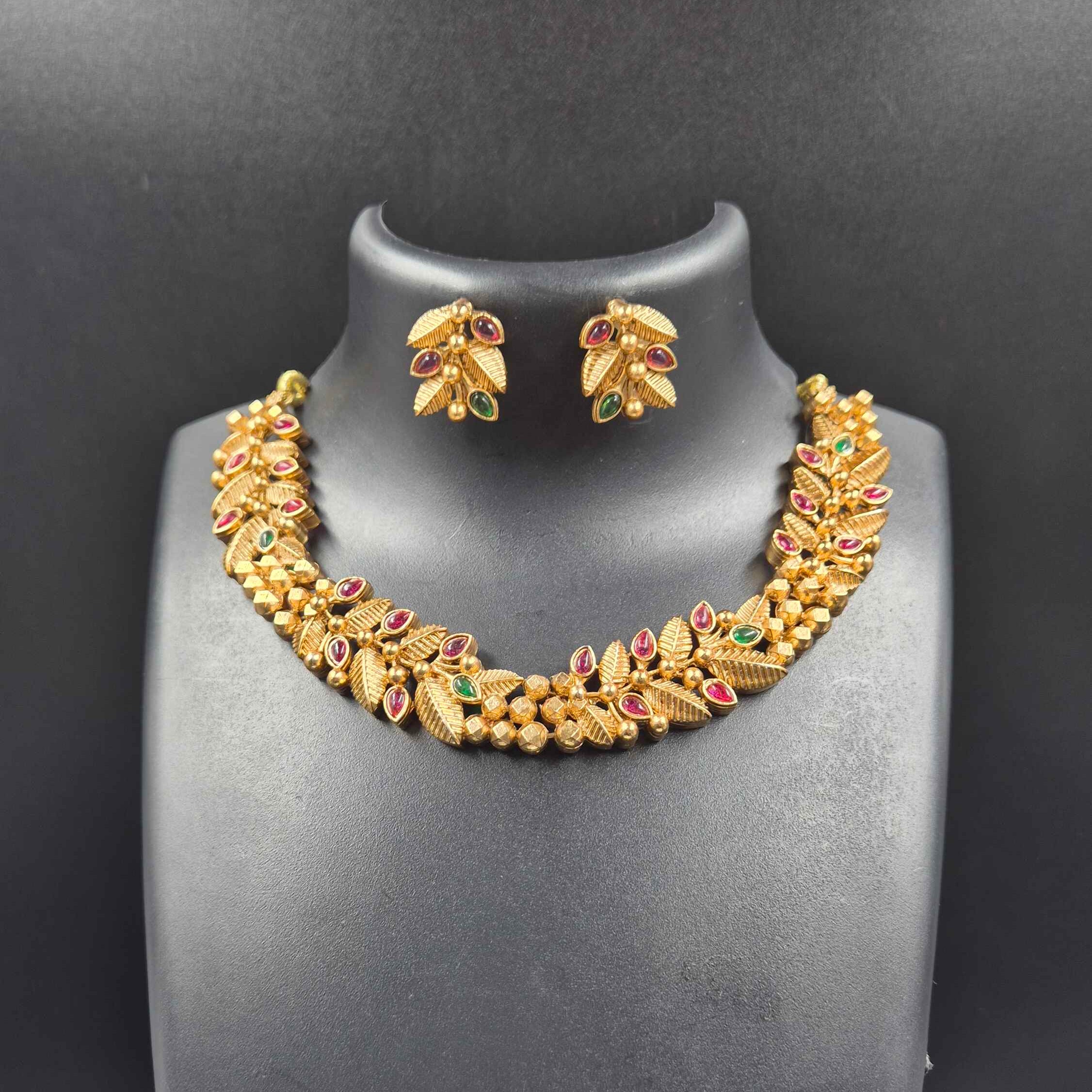 Antique Gold-Tone Leaf Necklace Set with Ruby & Green Stone Accents