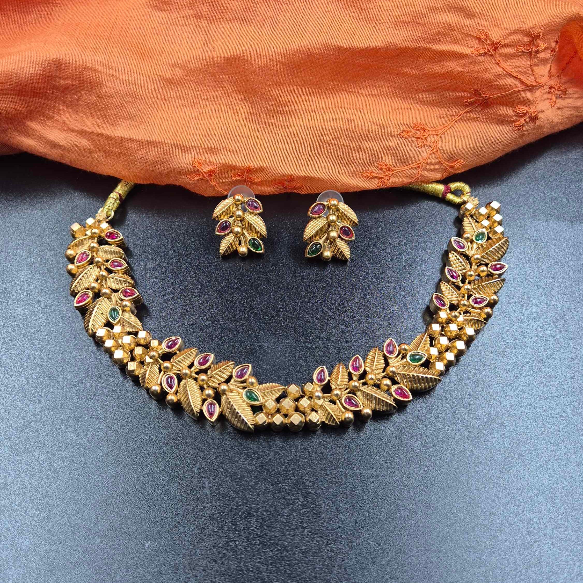 Antique Gold-Tone Leaf Necklace Set with Ruby & Green Stone Accents
