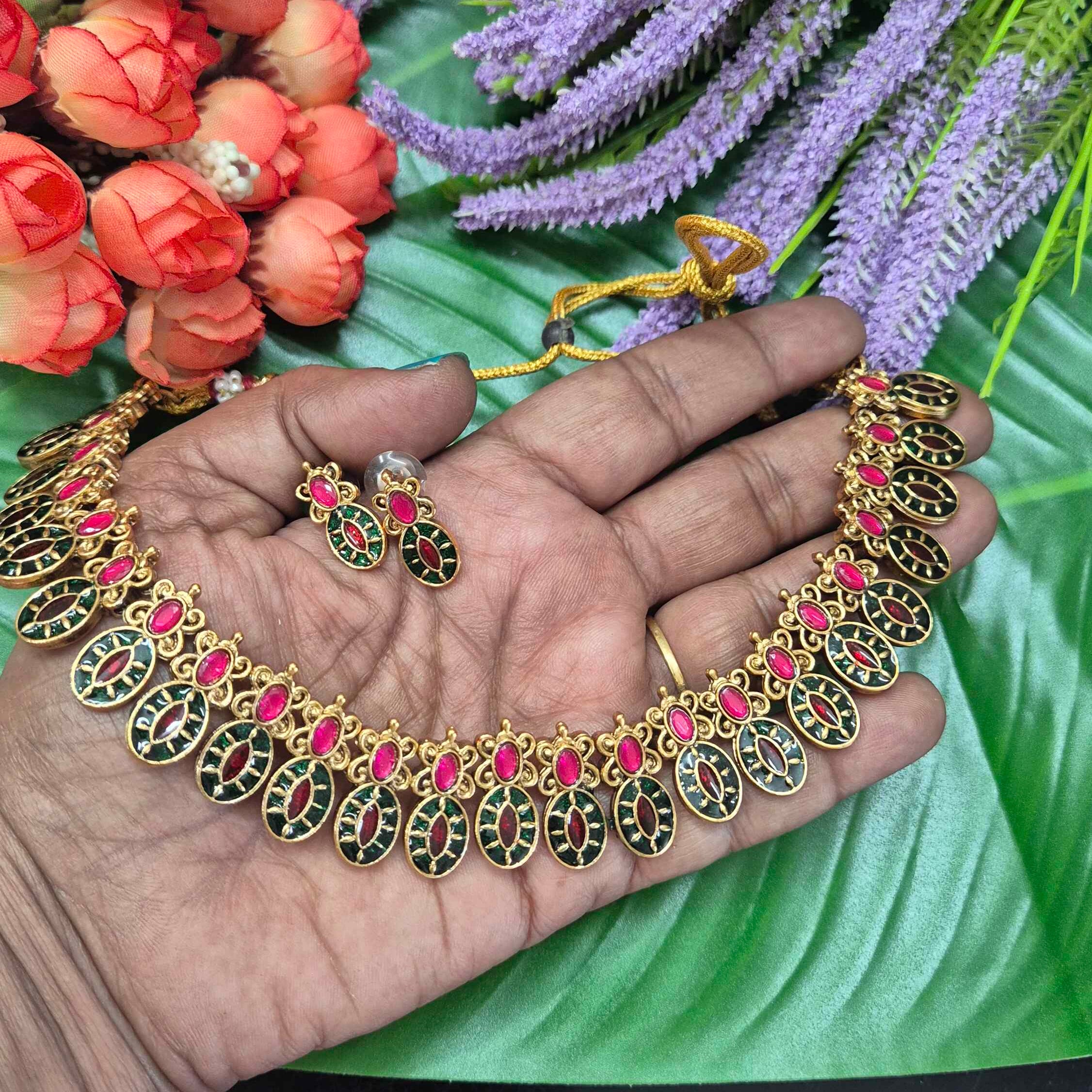 Traditional Antique Green & Pink Stone Choker Necklace Set with Stud Earrings