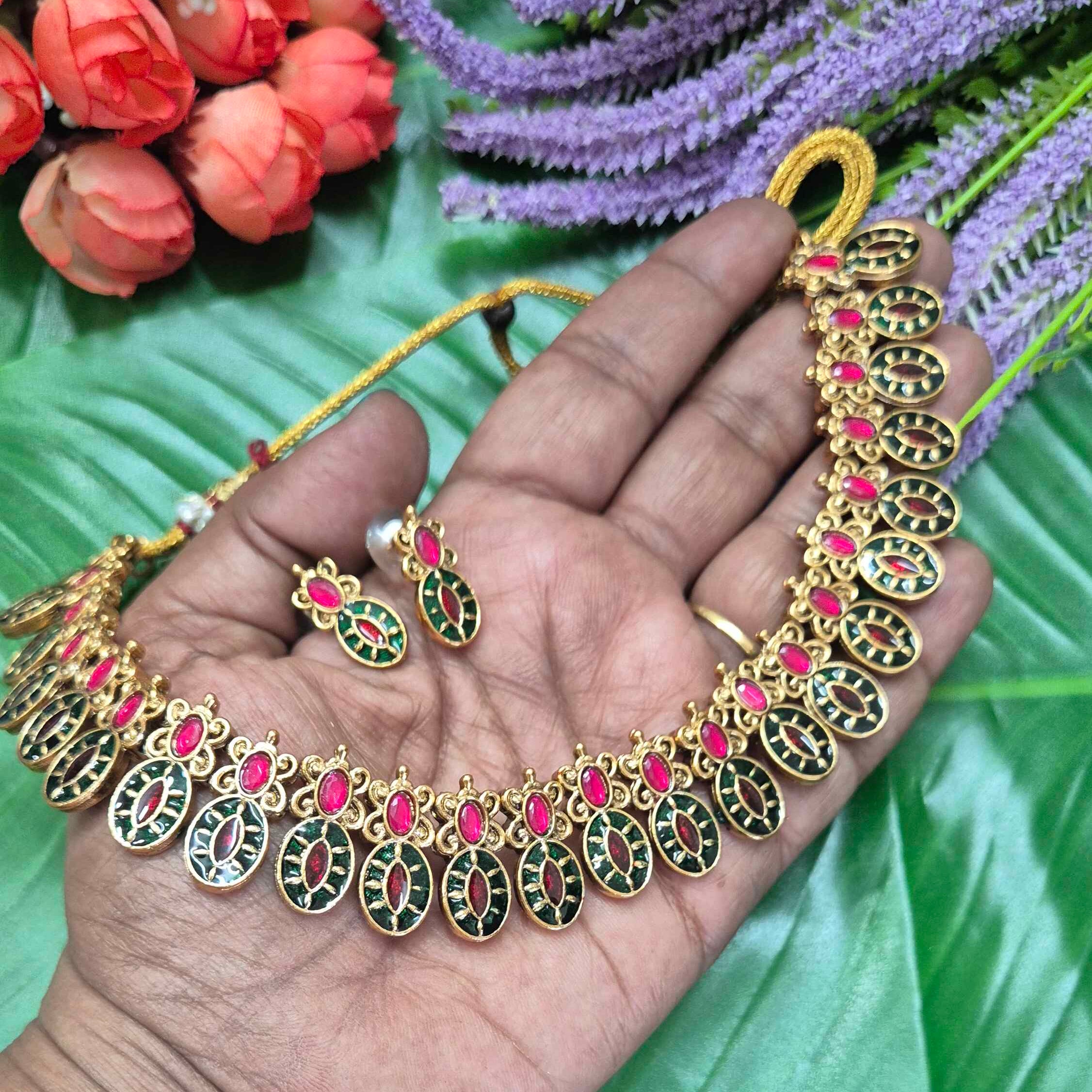 Traditional Antique Green & Pink Stone Choker Necklace Set with Stud Earrings