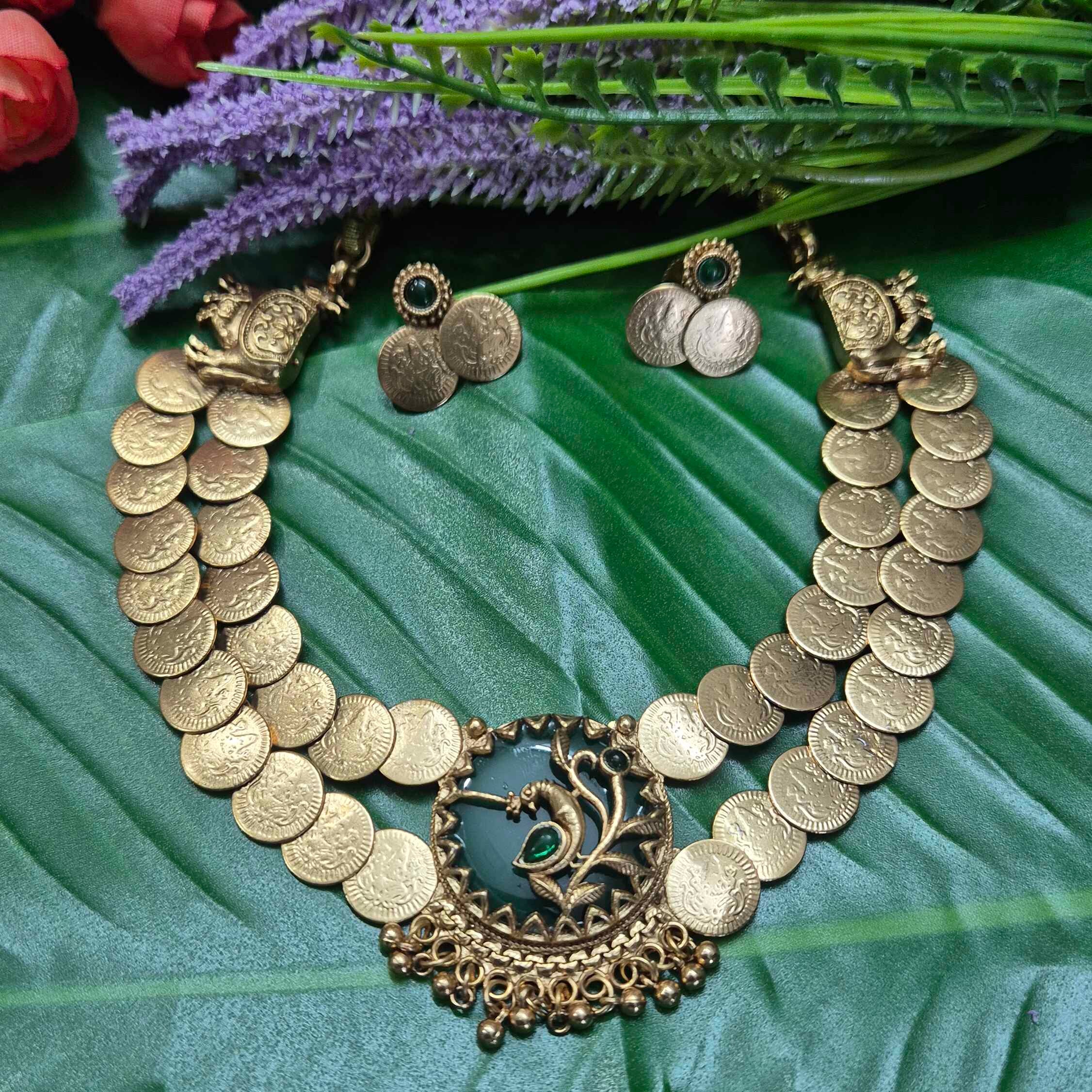 Antique double layer Coin Necklace Set with Green Pendant & Matching Stud Earrings