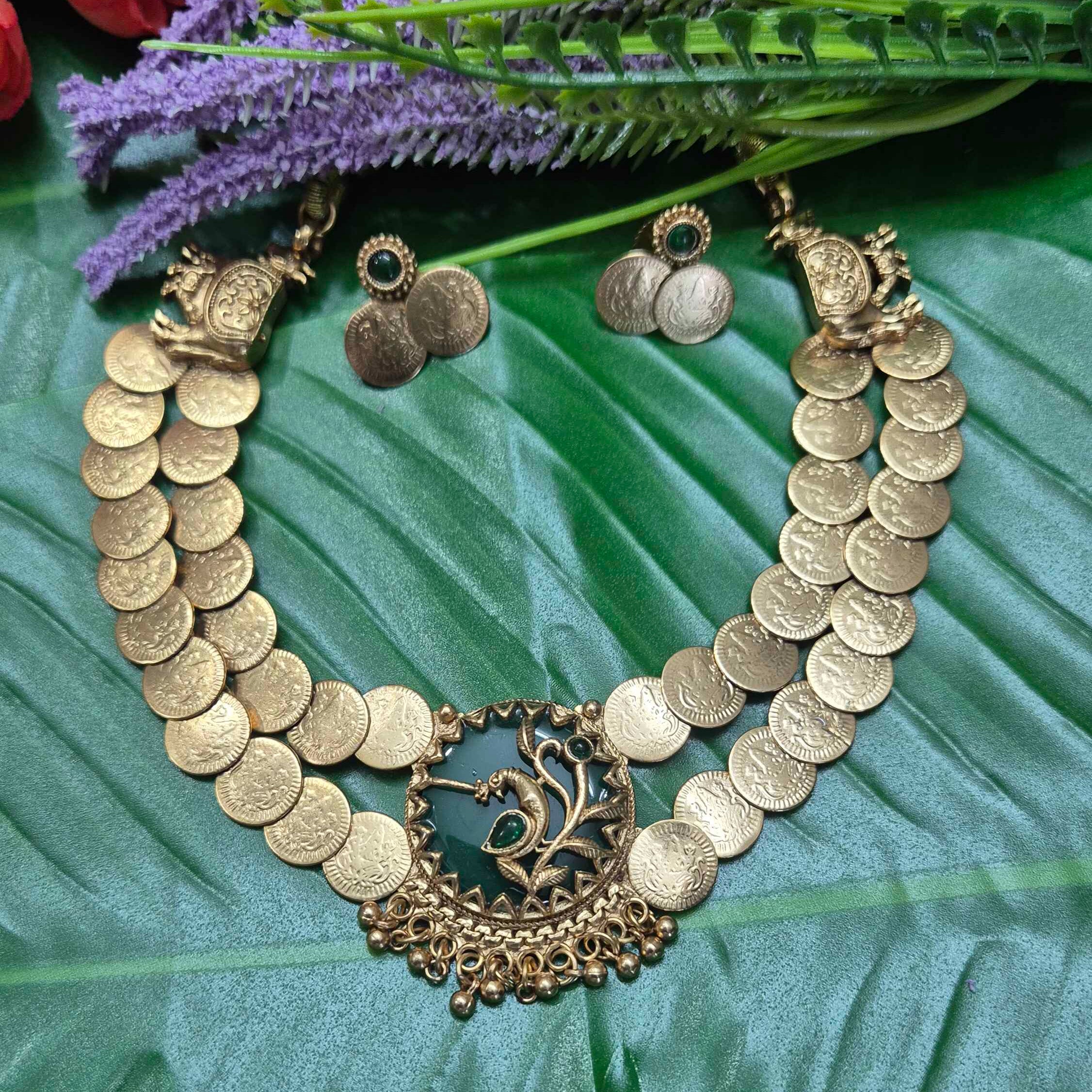 Antique double layer Coin Necklace Set with Green Pendant & Matching Stud Earrings