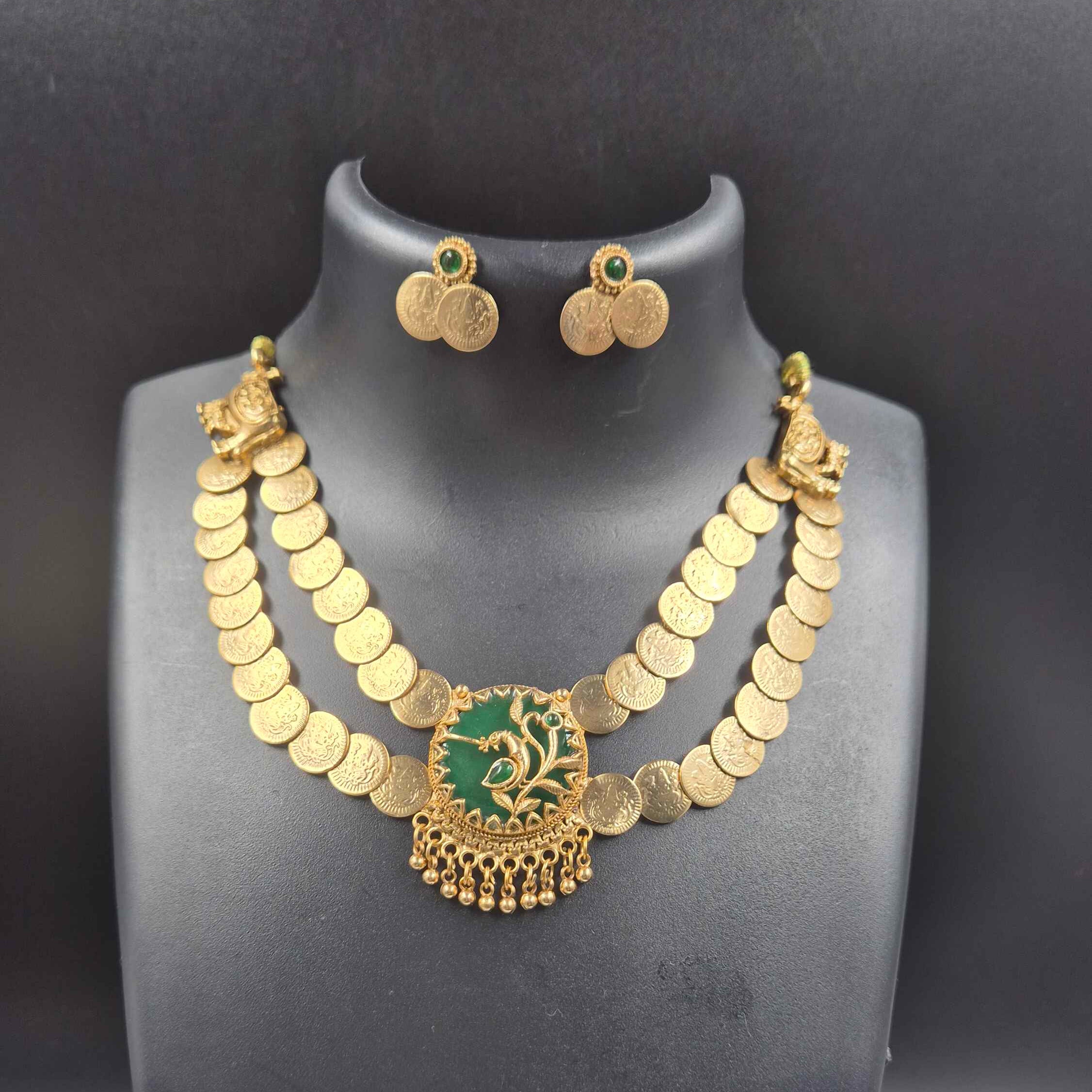 Antique double layer Coin Necklace Set with Green Pendant & Matching Stud Earrings