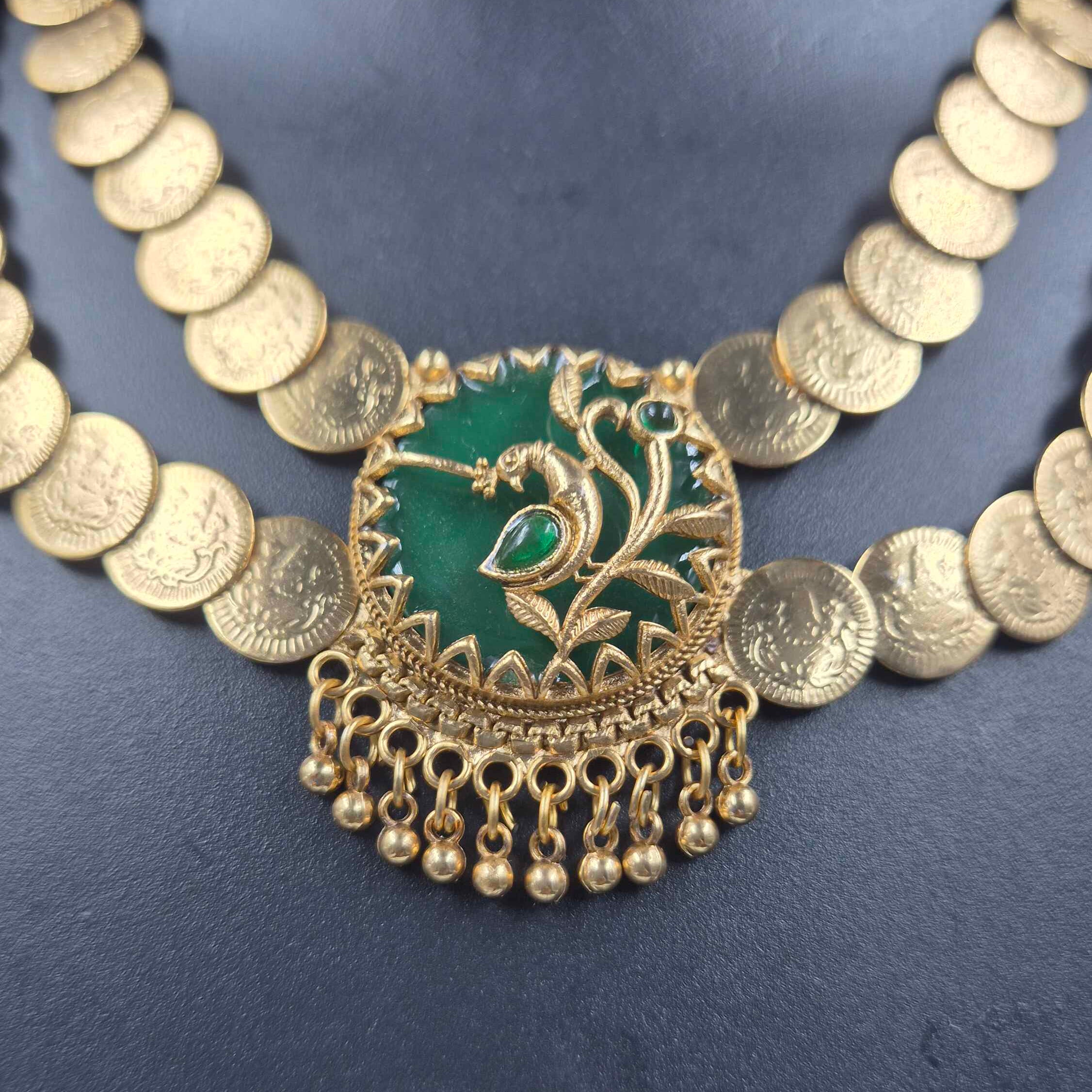 Antique double layer Coin Necklace Set with Green Pendant & Matching Stud Earrings