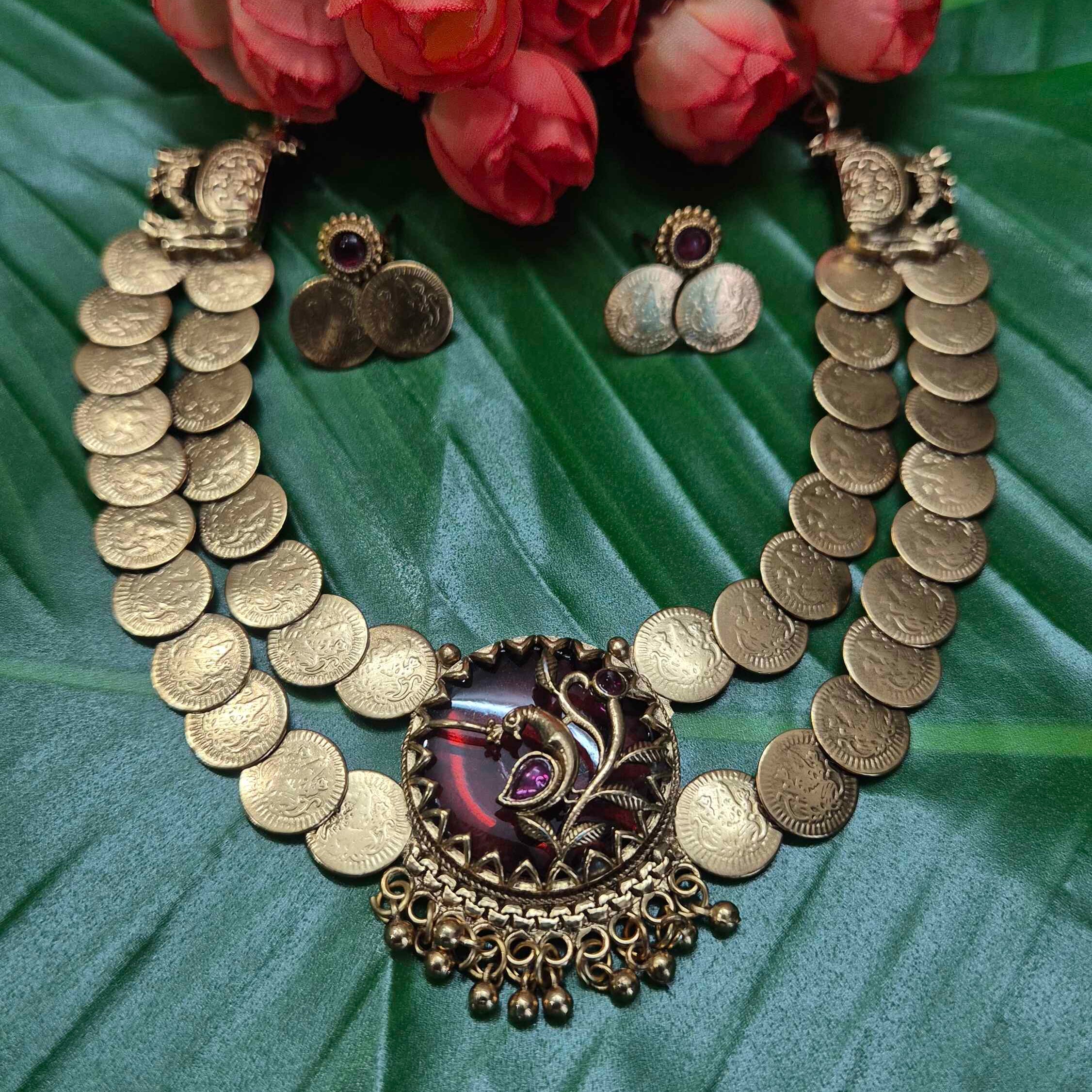 Antique double layer Coin Necklace Set with red Peacock Pendant & Matching Stud Earrings
