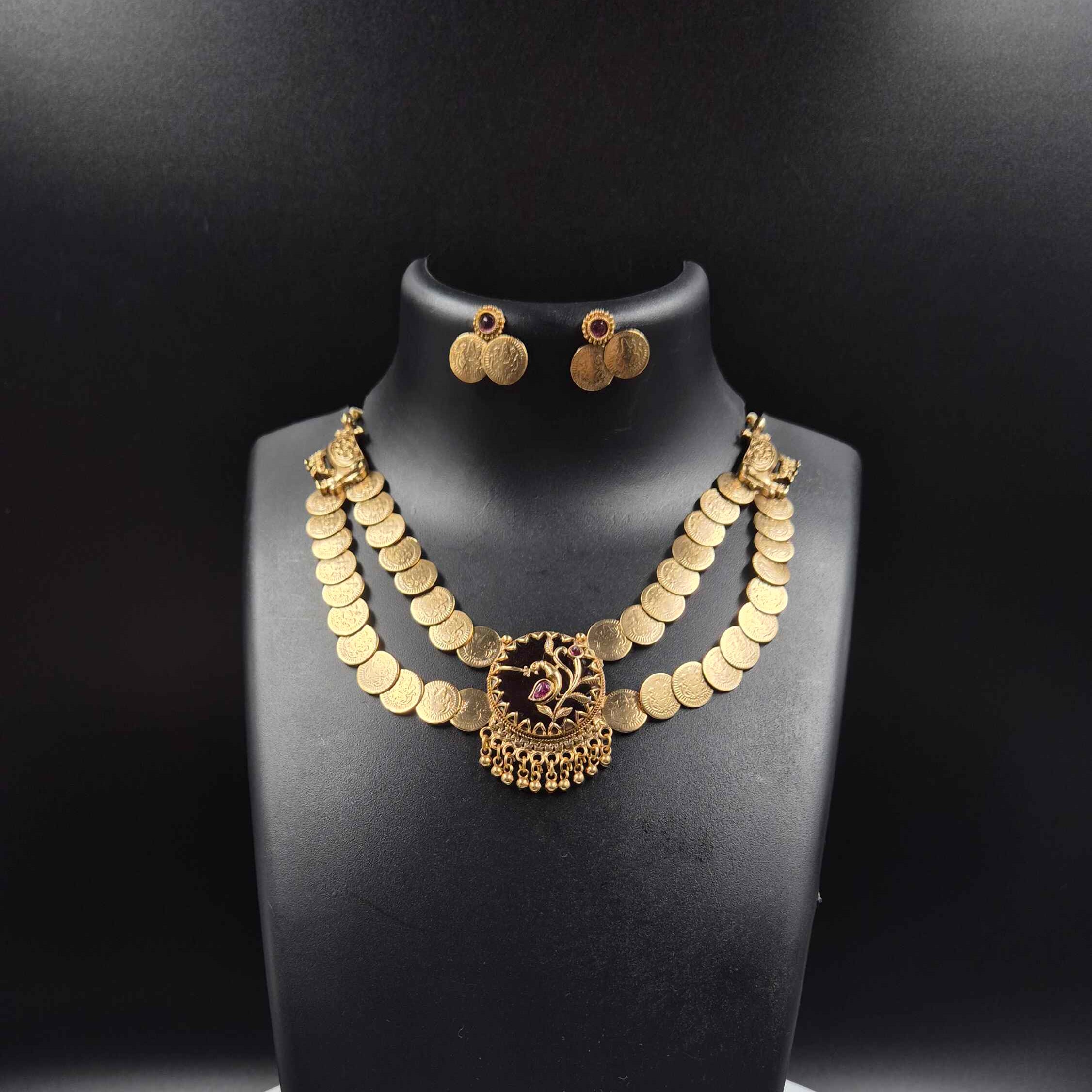 Antique double layer Coin Necklace Set with red Peacock Pendant & Matching Stud Earrings