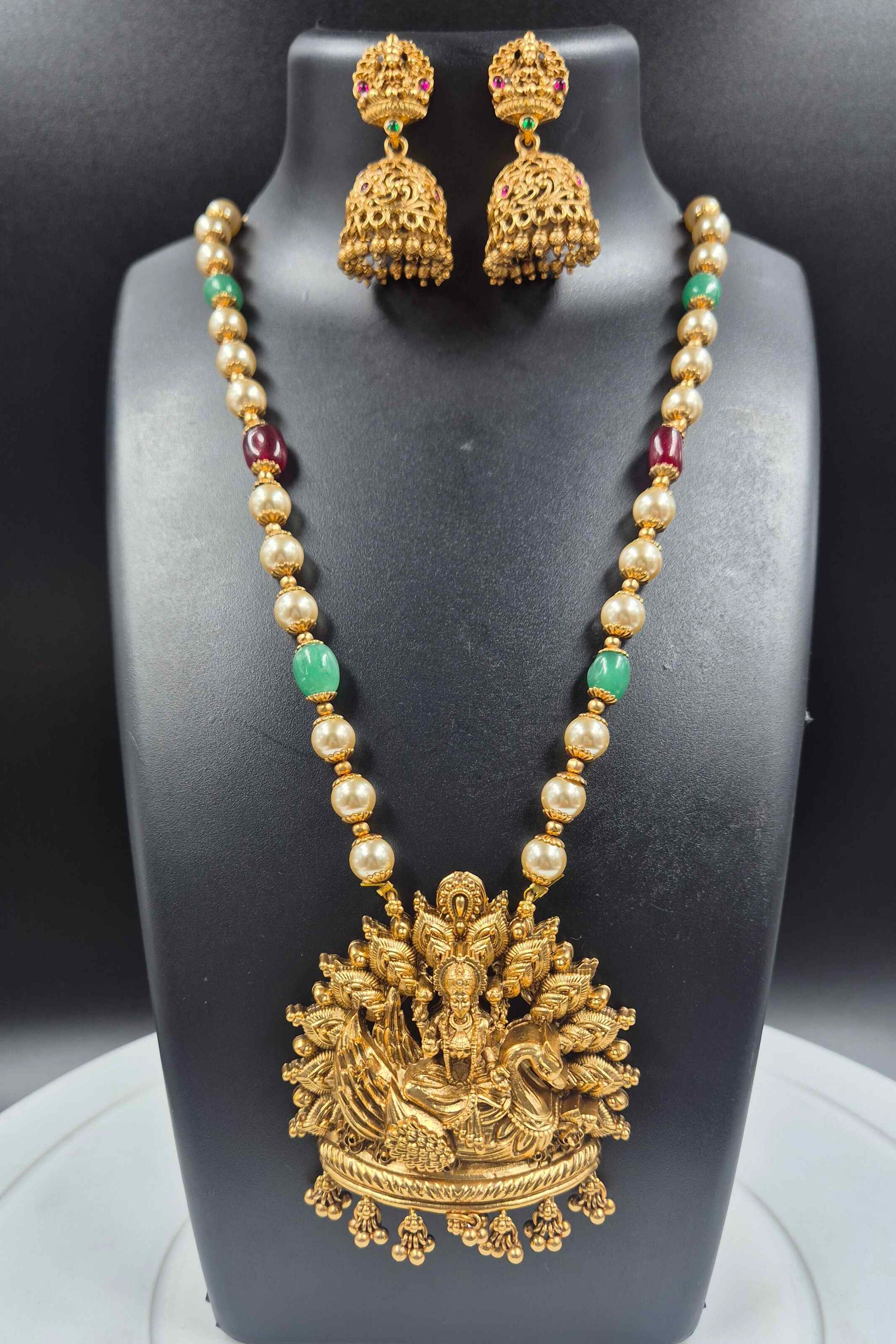Antique Lakshmi Temple Long Haram Necklace Set with Pearl Beads & Jhumka Earrings