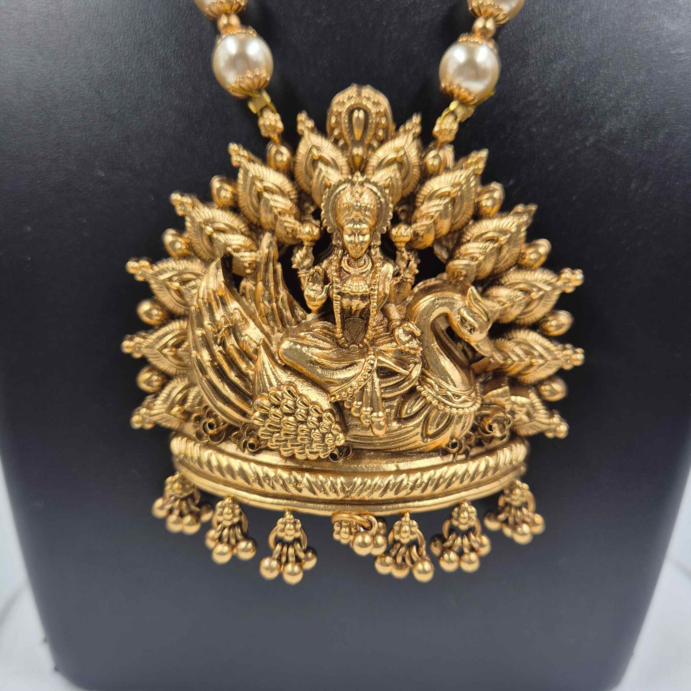 Antique Lakshmi Temple Long Haram Necklace Set with Pearl Beads & Jhumka Earrings