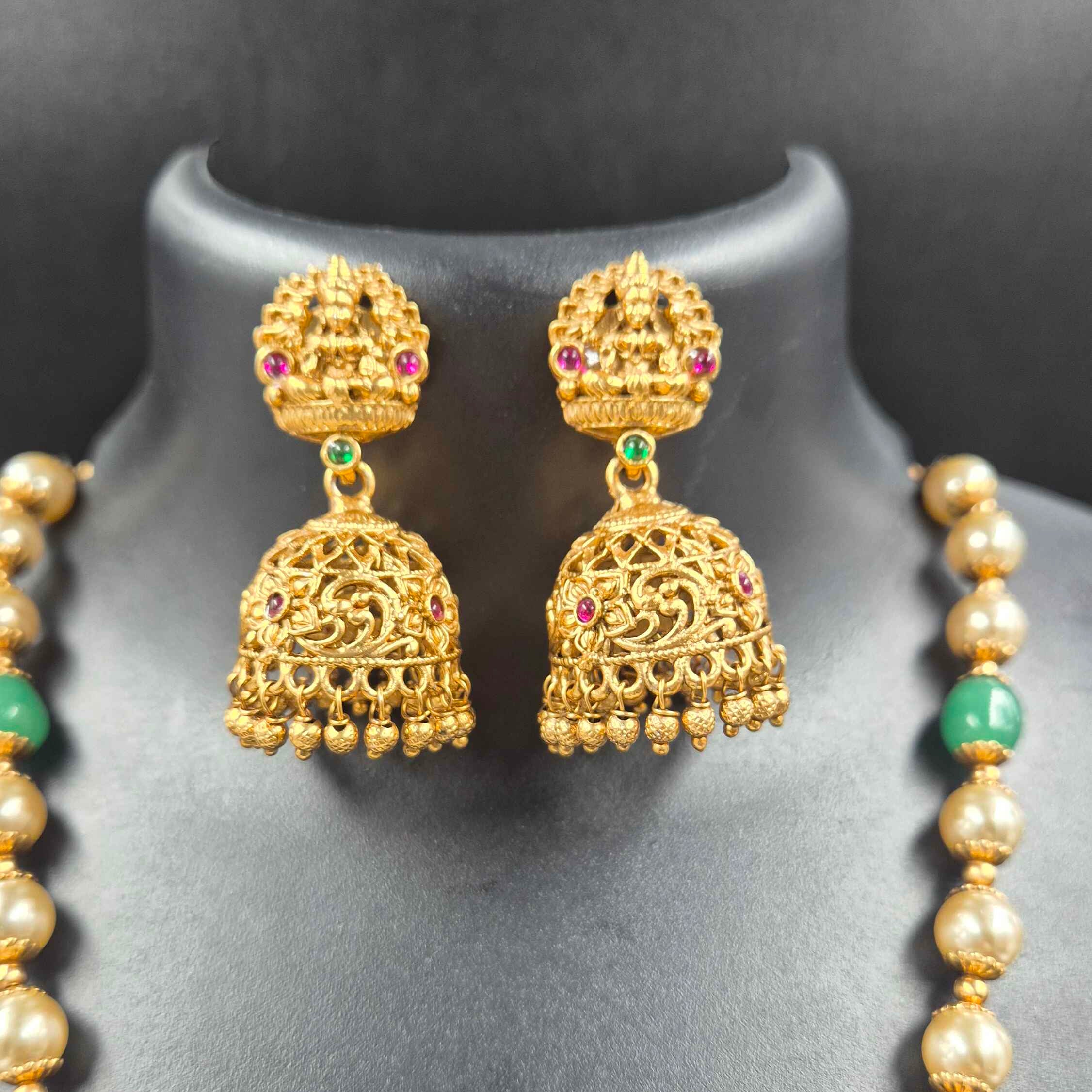 Antique Lakshmi Temple Long Haram Necklace Set with Pearl Beads & Jhumka Earrings