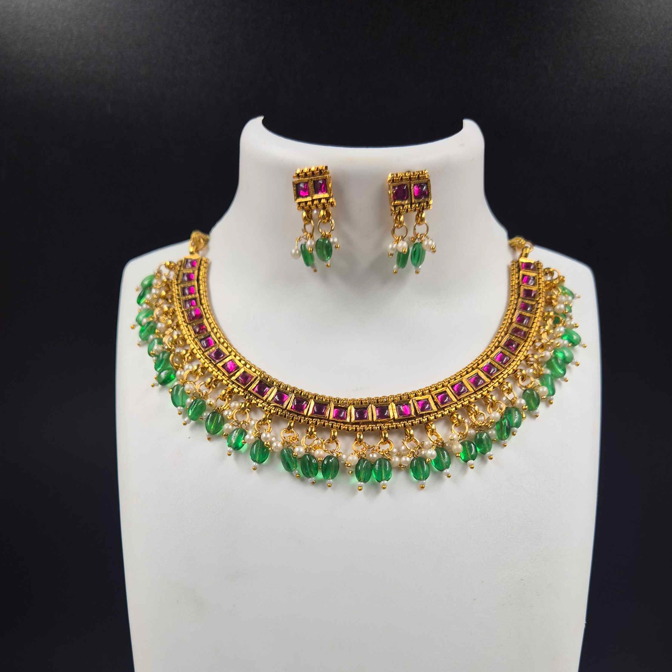 Antique Pink Stone Choker Necklace Set with Green Bead Drops & Matching Earrings