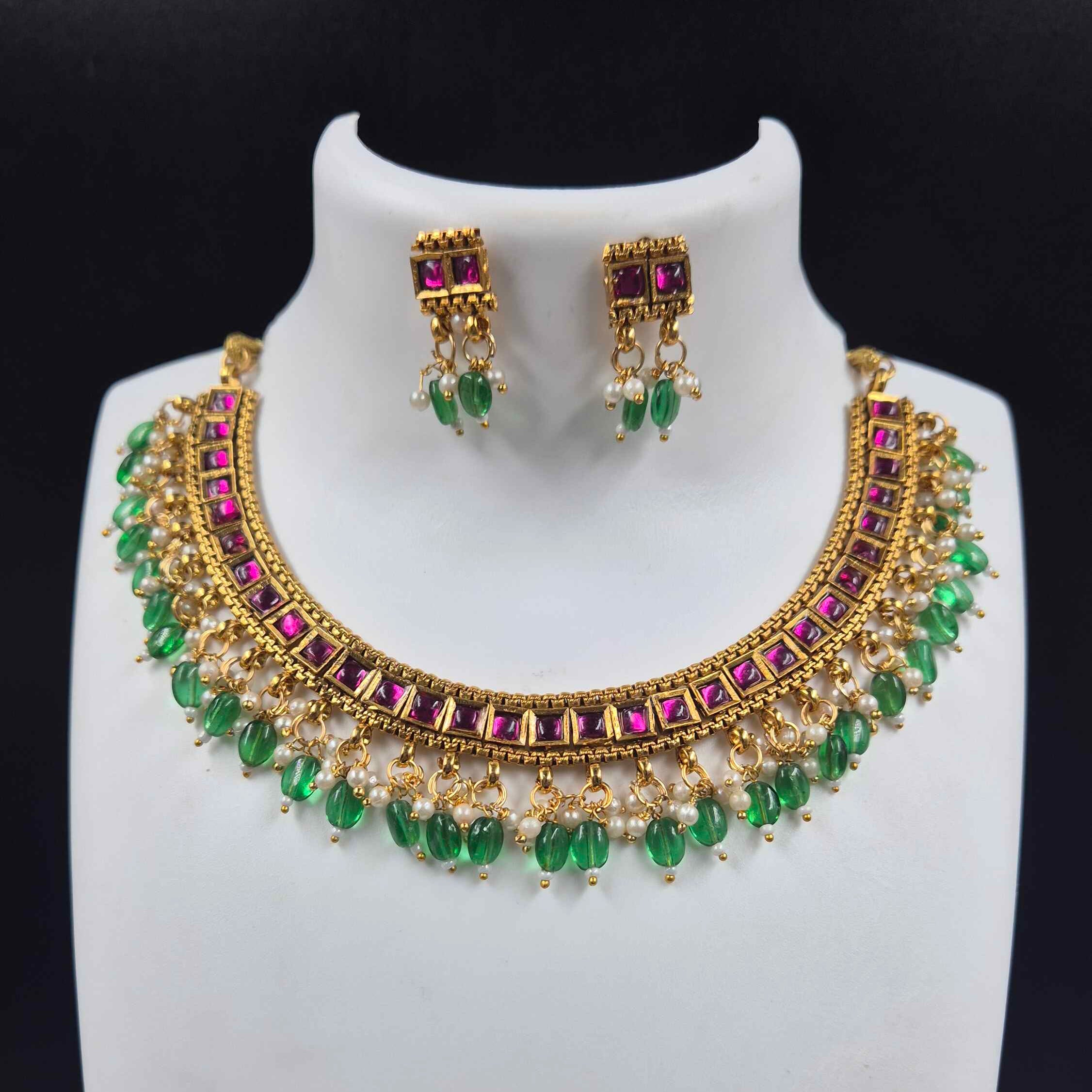 Antique Pink Stone Choker Necklace Set with Green Bead Drops & Matching Earrings