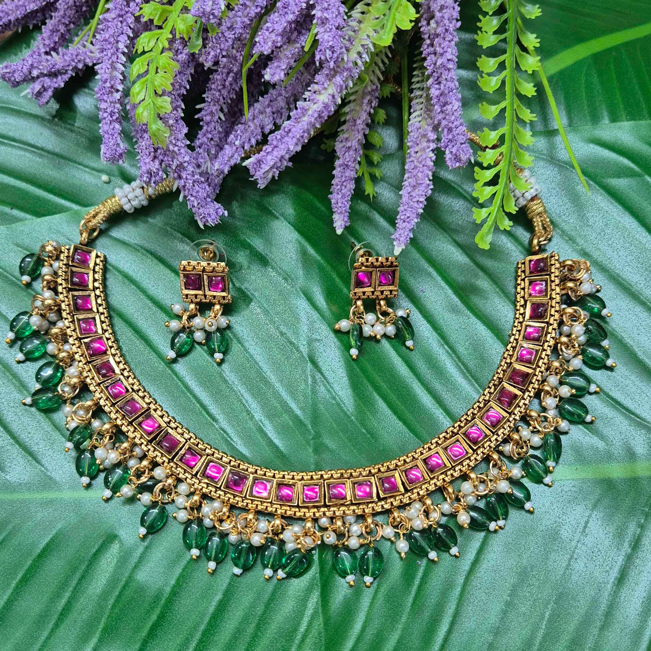 Antique Pink Stone Choker Necklace Set with Green Bead Drops & Matching Earrings