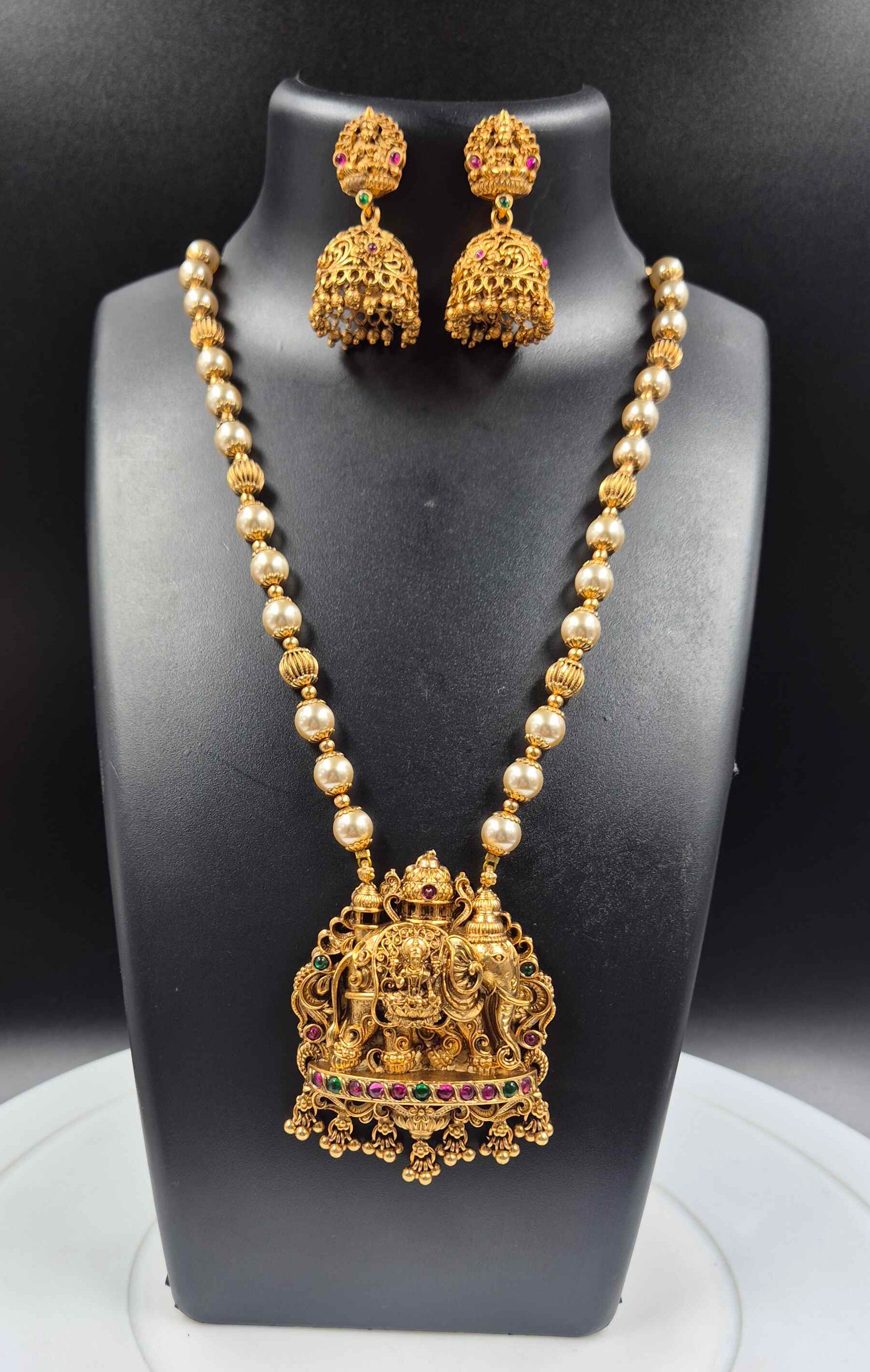 Antique Lakshmi Temple Long Haram Necklace Set with Pearl Beads & Jhumka Earrings