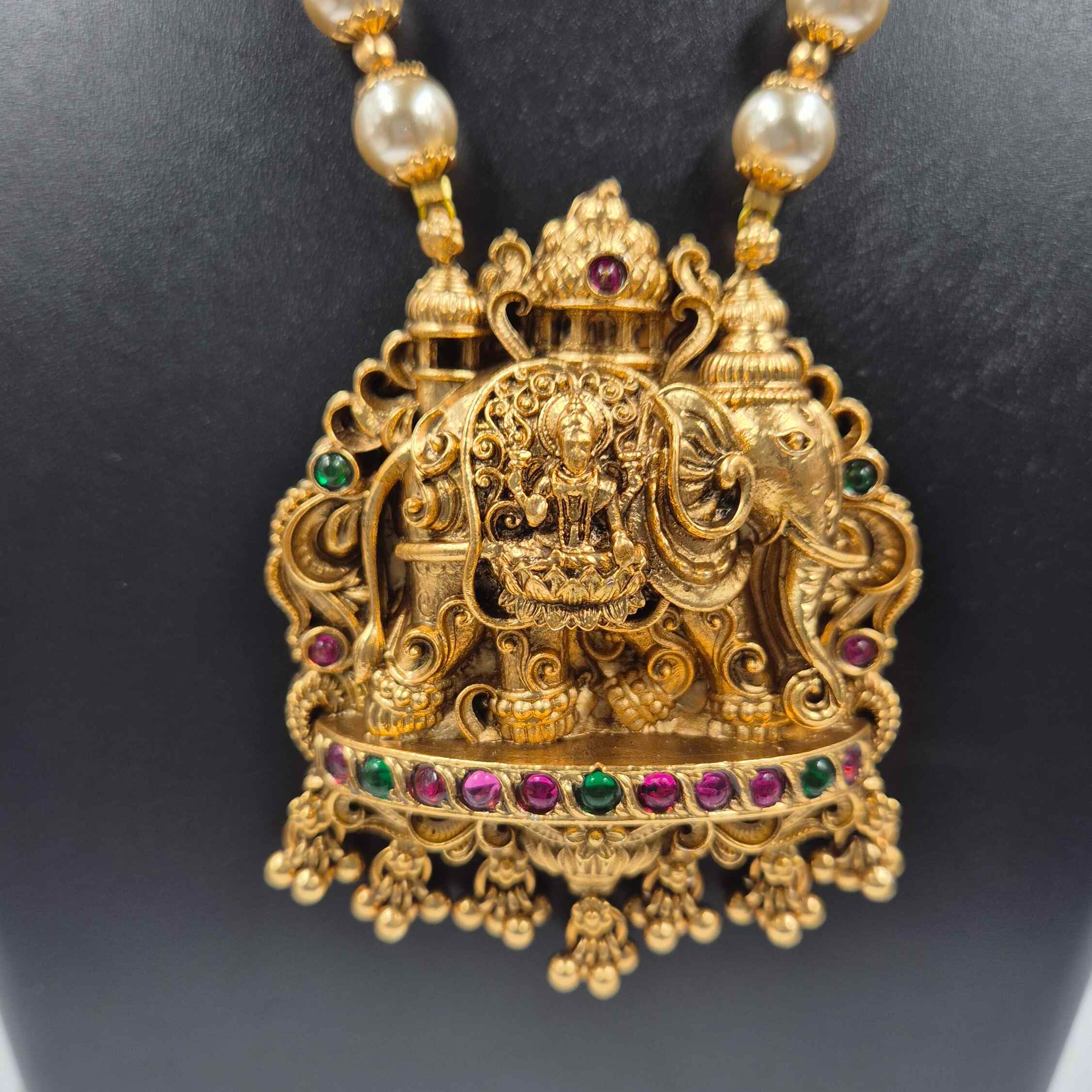 Antique Lakshmi Temple Long Haram Necklace Set with Pearl Beads & Jhumka Earrings
