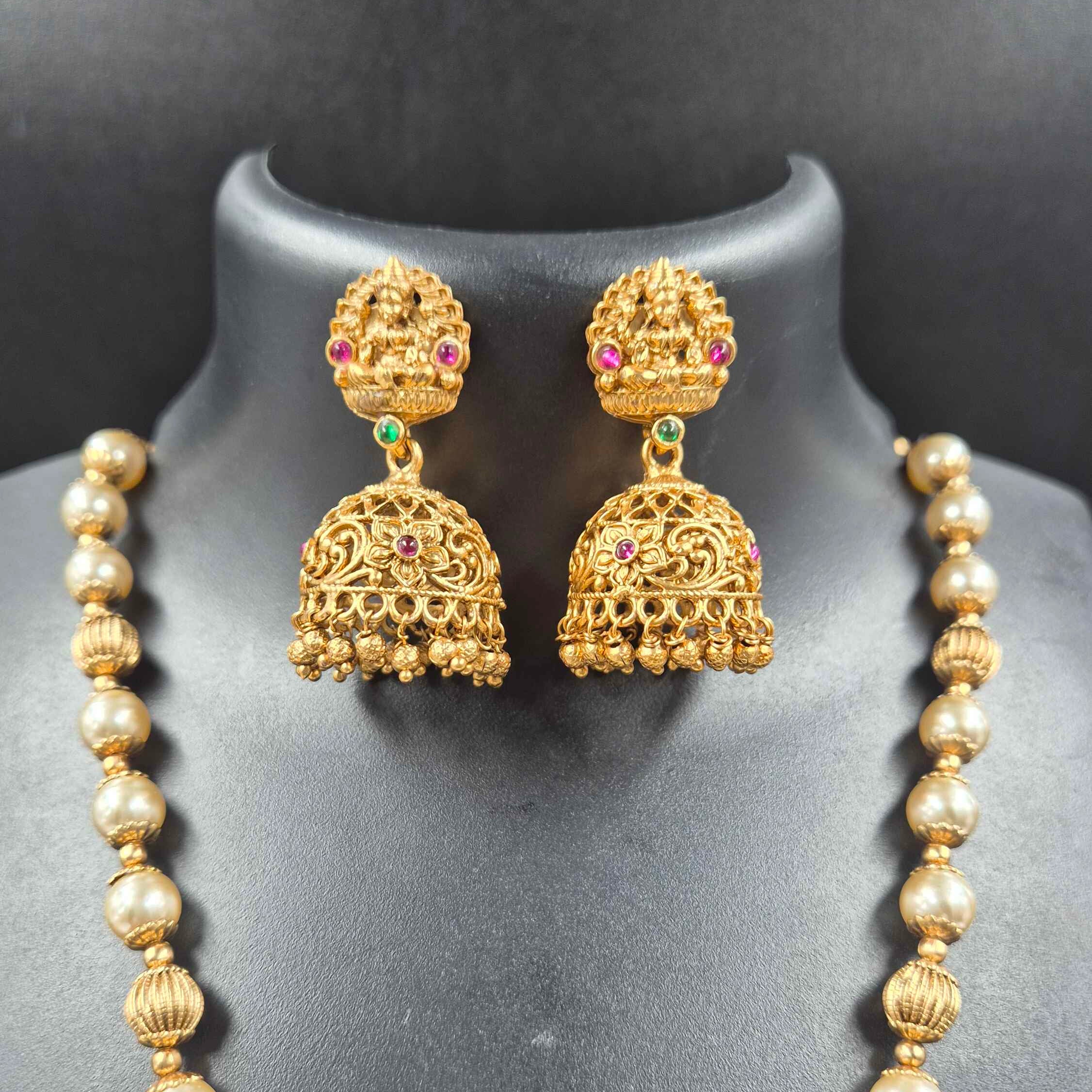 Antique Lakshmi Temple Long Haram Necklace Set with Pearl Beads & Jhumka Earrings