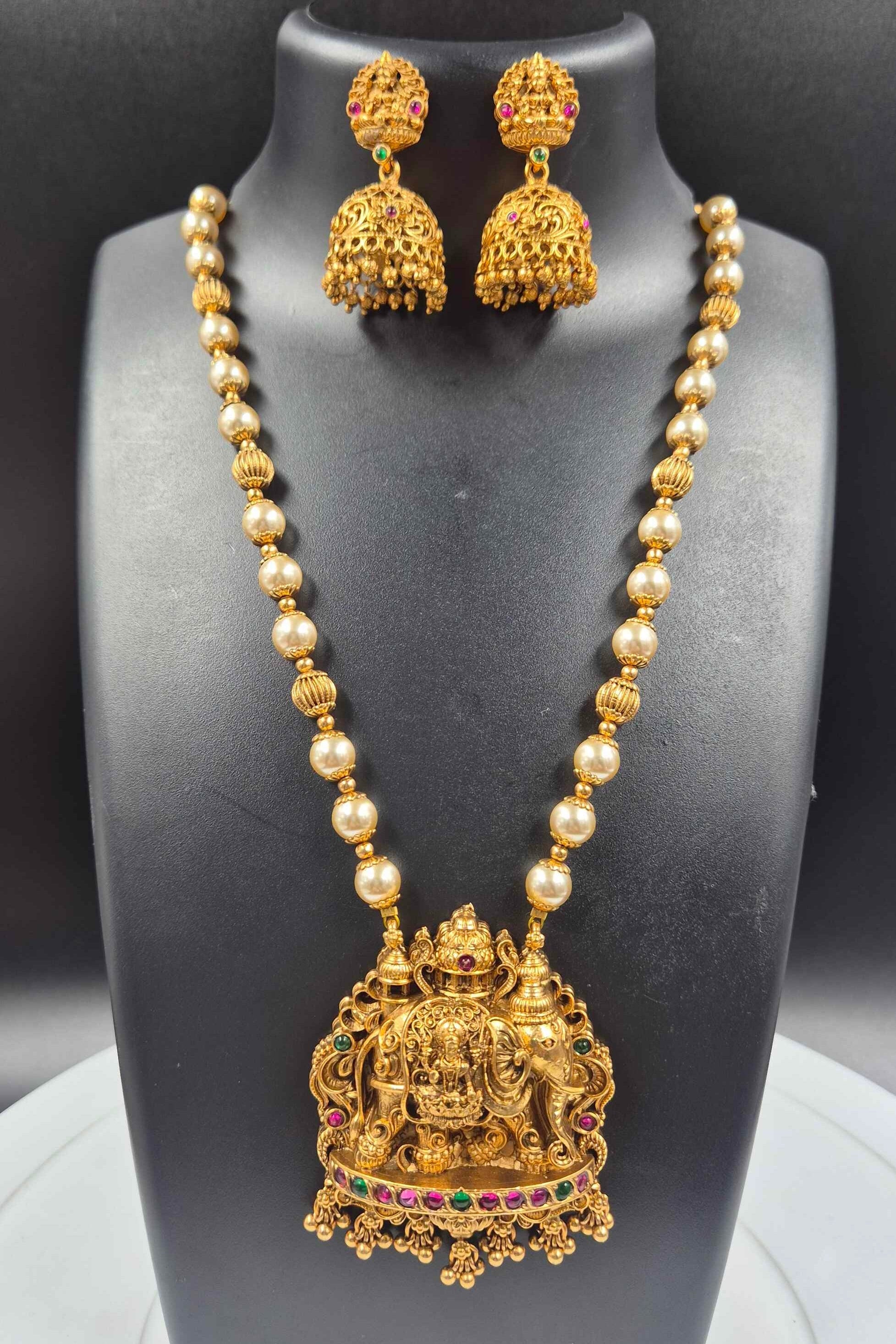Antique Lakshmi Temple Long Haram Necklace Set with Pearl Beads & Jhumka Earrings