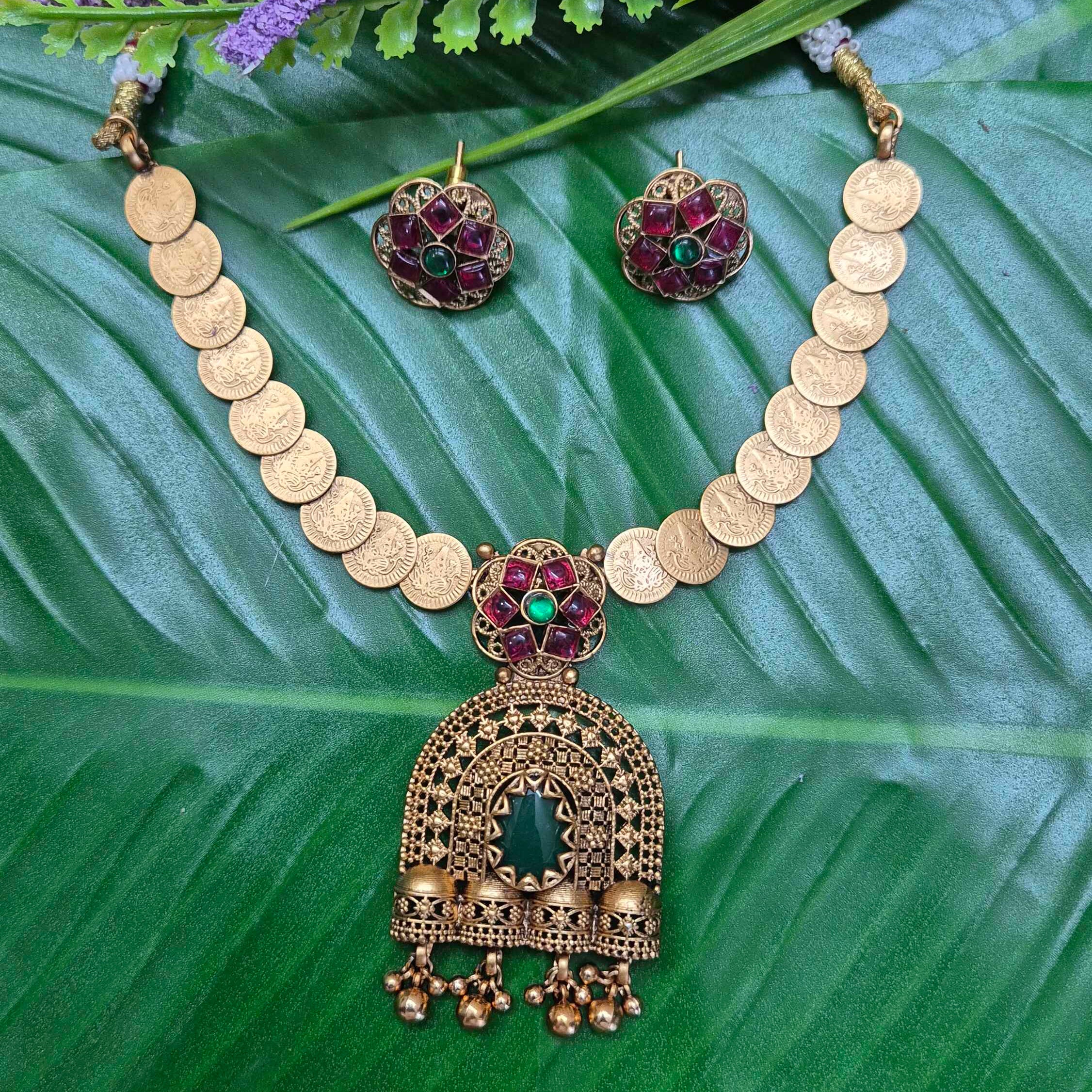 Antique Coin Necklace Set with Green Stone Pendant with jhumka droppings & Floral Stud Earrings