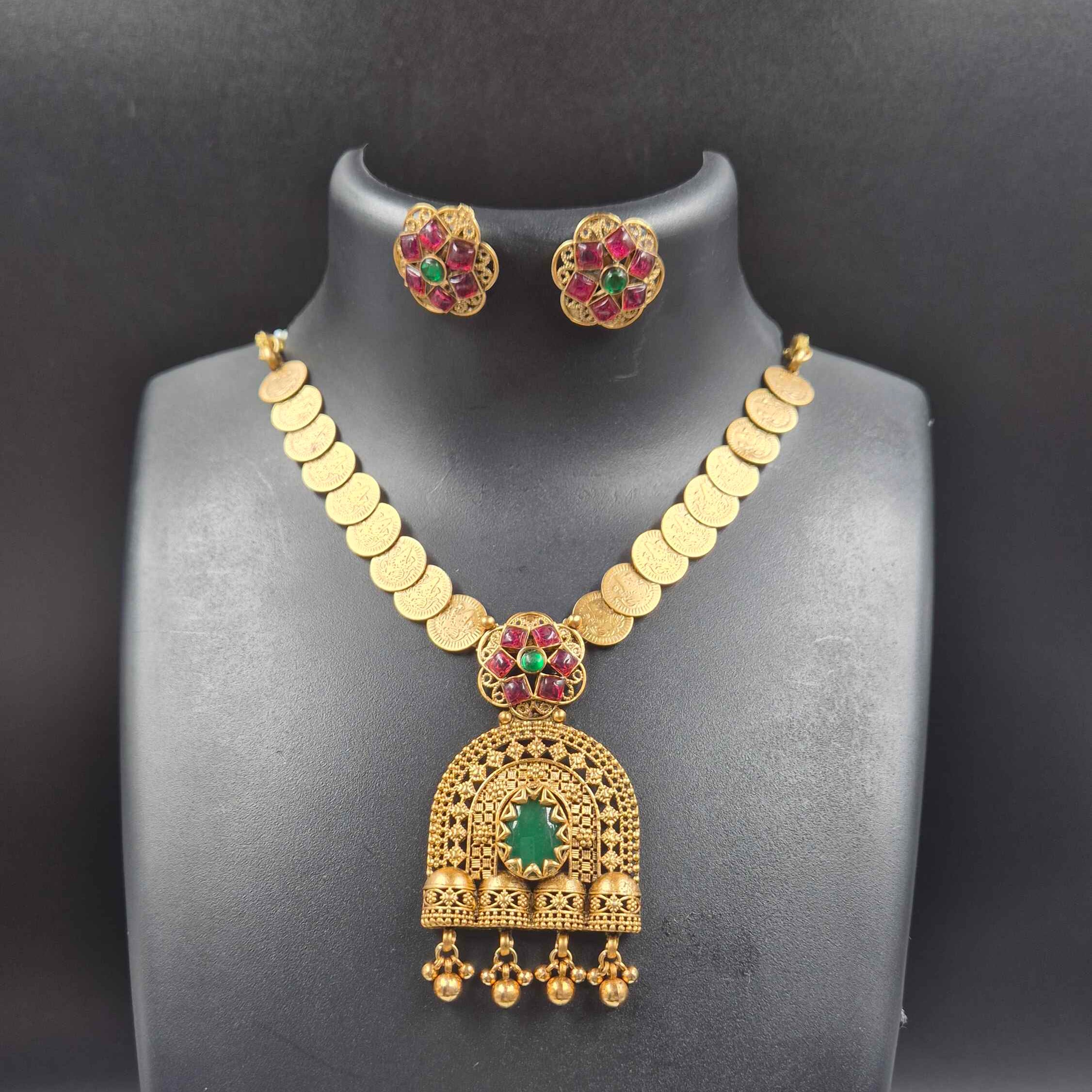 Antique Coin Necklace Set with Green Stone Pendant with jhumka droppings & Floral Stud Earrings