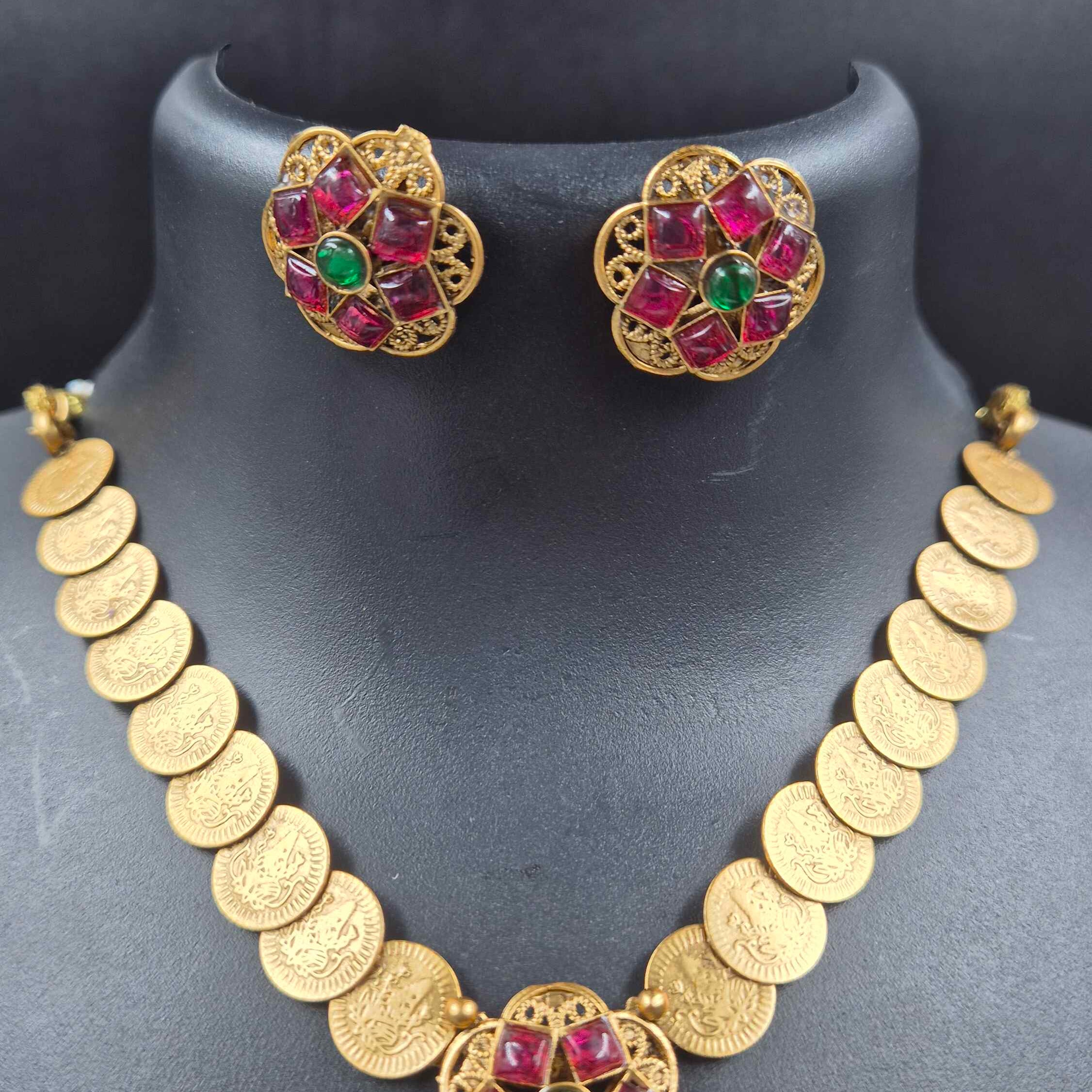 Antique Coin Necklace Set with Green Stone Pendant with jhumka droppings & Floral Stud Earrings