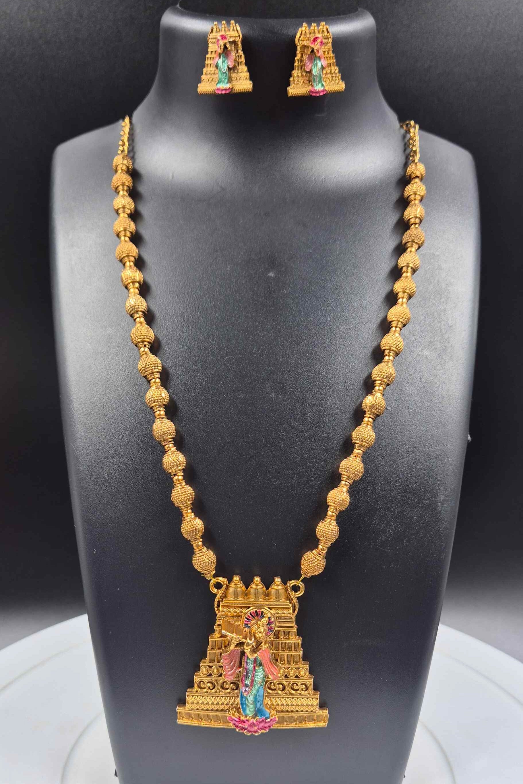 Long haram with Divine Krishna Deity Pendant & Matching Stud Earrings