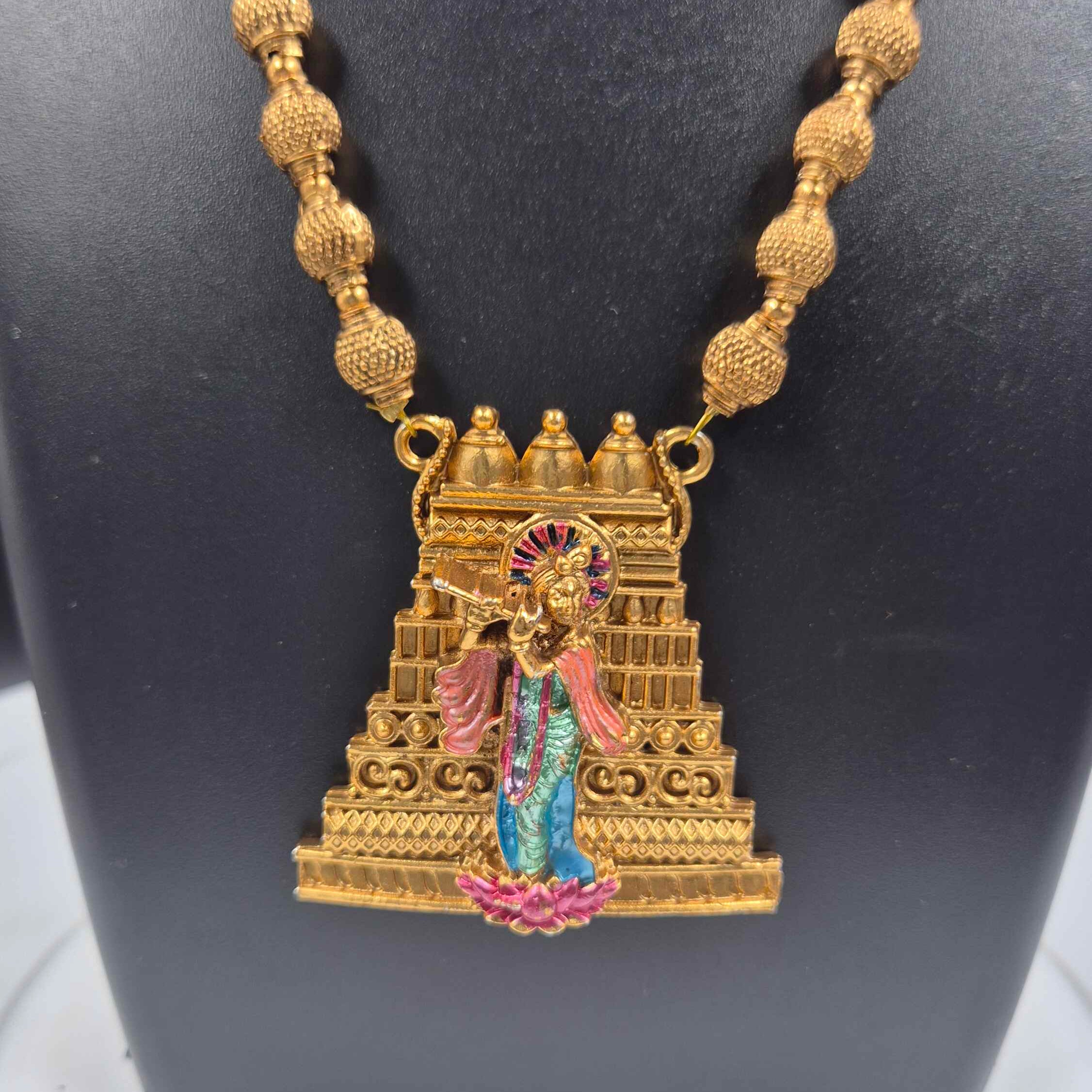 Long haram with Divine Krishna Deity Pendant & Matching Stud Earrings