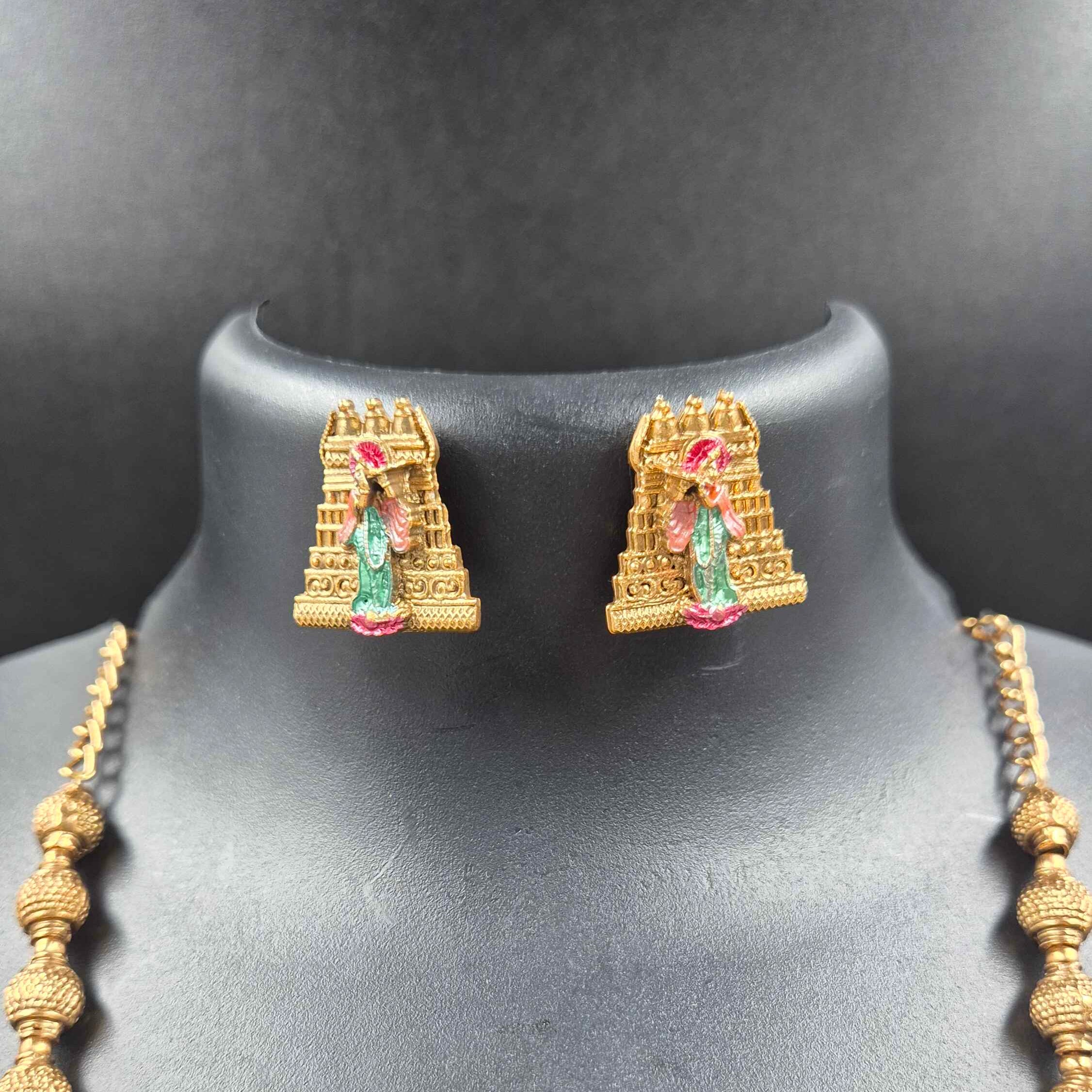 Long haram with Divine Krishna Deity Pendant & Matching Stud Earrings