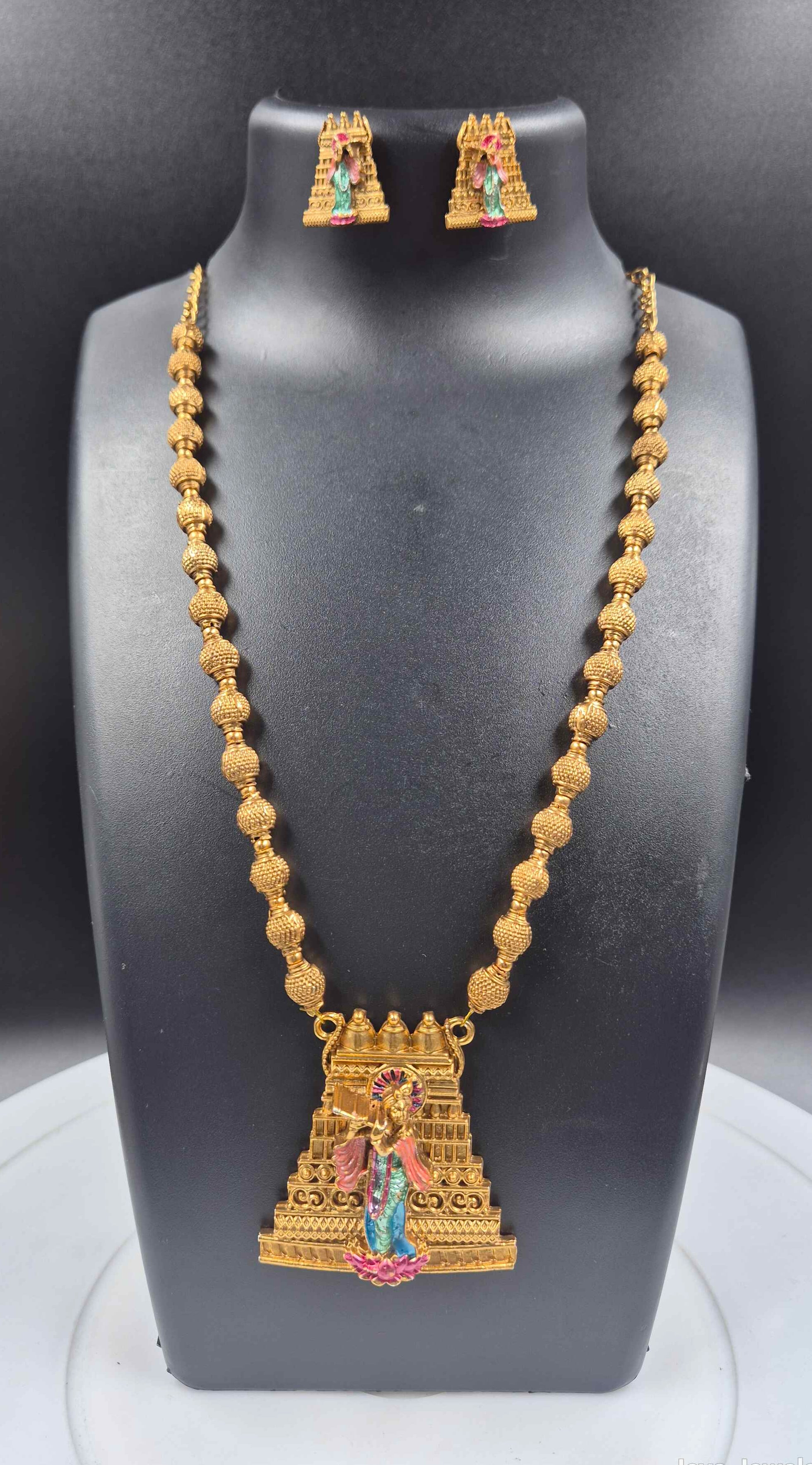 Long haram with Divine Krishna Deity Pendant & Matching Stud Earrings