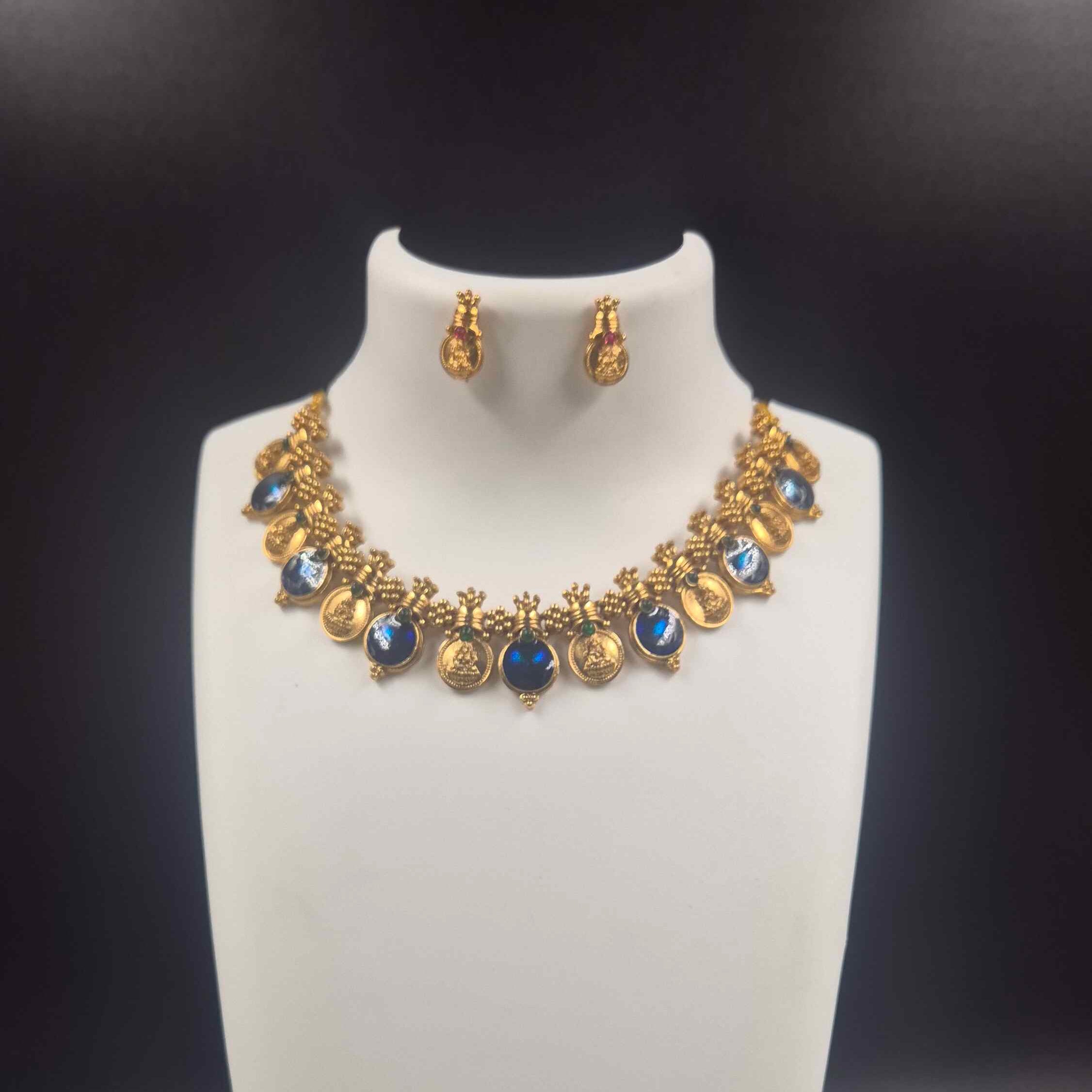 Antique Gold Lakshmi kasu  Necklace Set with Royal Blue Stones & Matching Stud Earrings