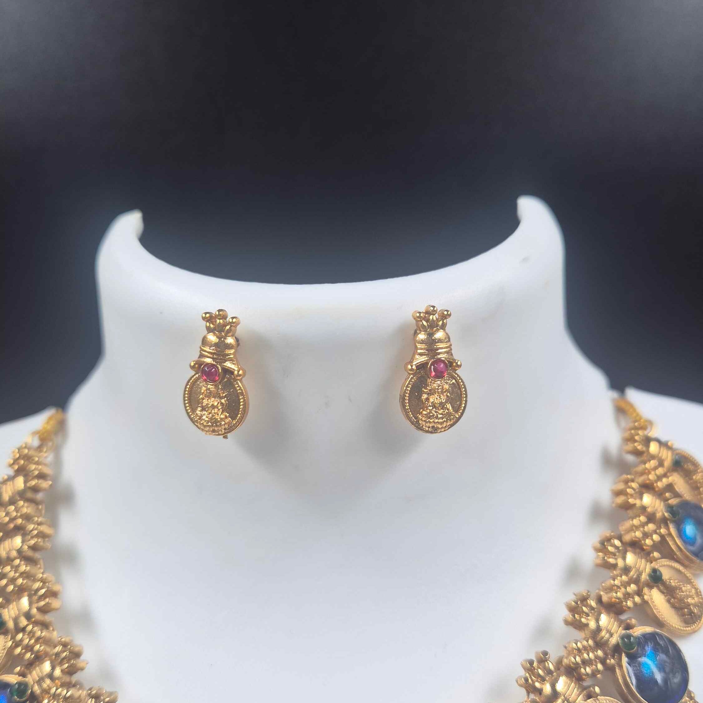 Antique Gold Lakshmi kasu  Necklace Set with Royal Blue Stones & Matching Stud Earrings