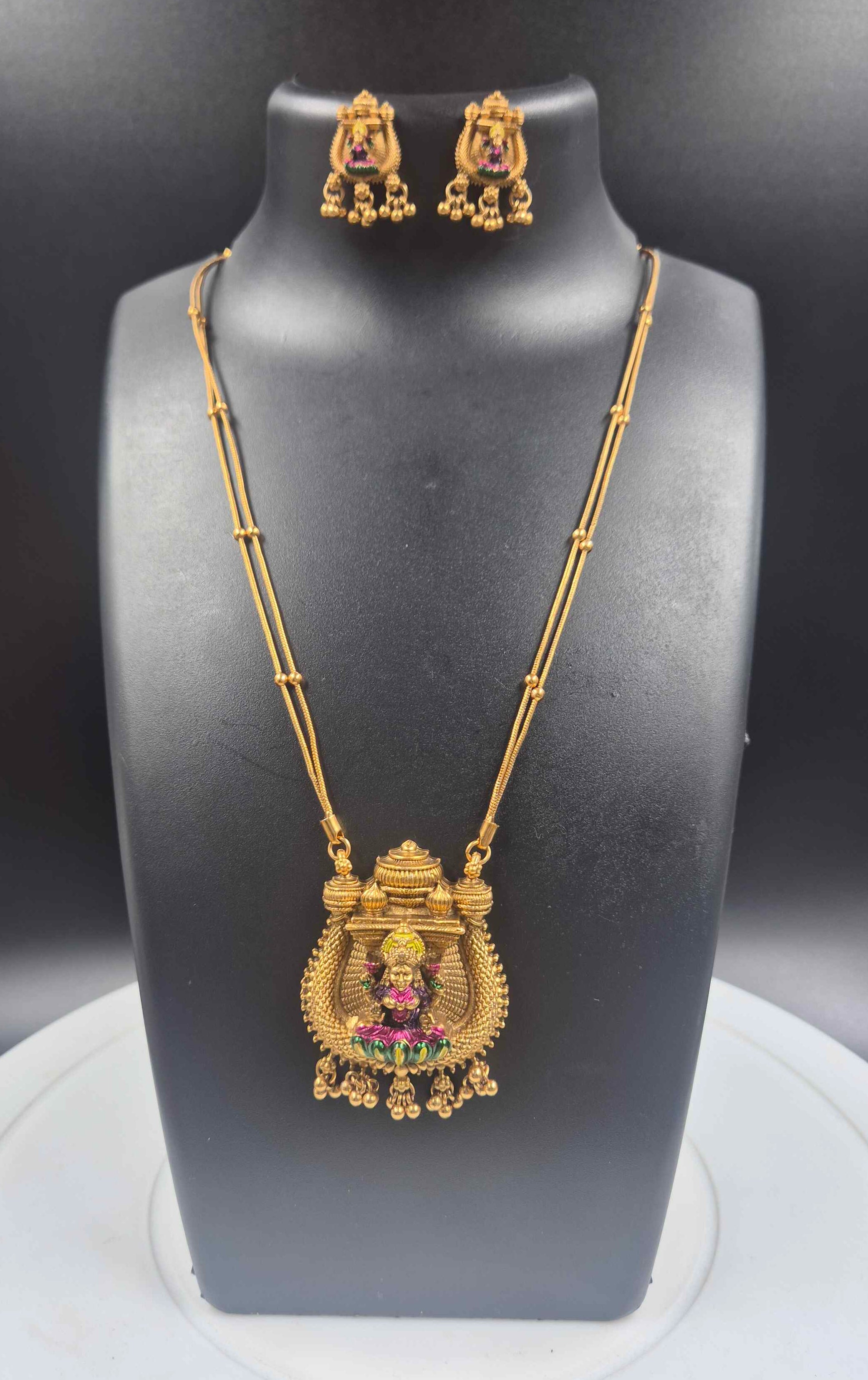 Antique Lakshmi Temple Pendant Necklace Set with Dual-Strand Chain & Matching Earrings