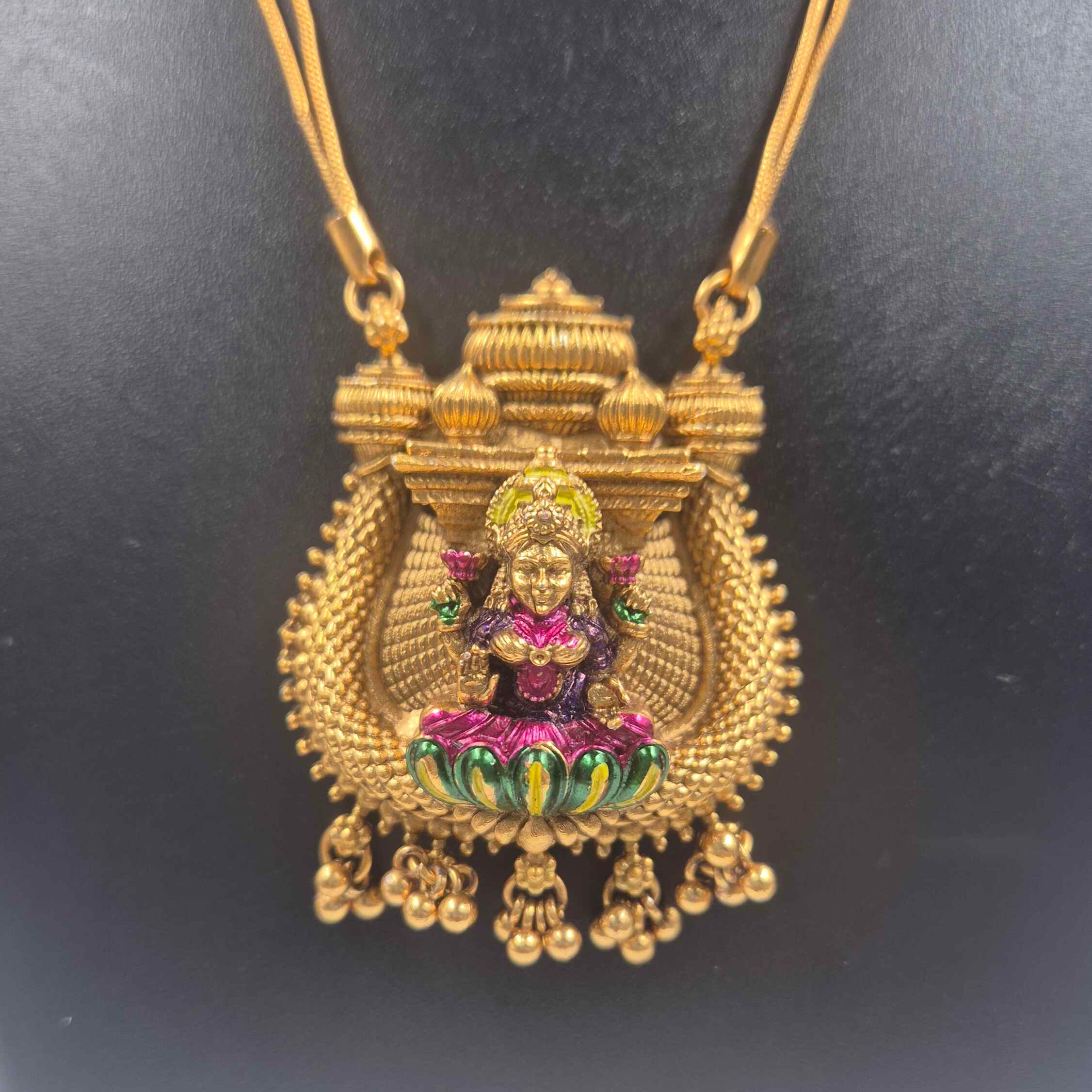 Antique Lakshmi Temple Pendant Necklace Set with Dual-Strand Chain & Matching Earrings