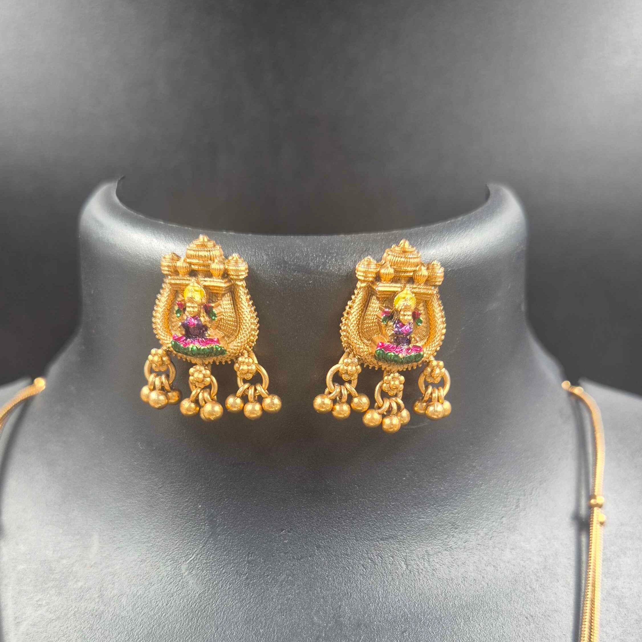 Antique Lakshmi Temple Pendant Necklace Set with Dual-Strand Chain & Matching Earrings