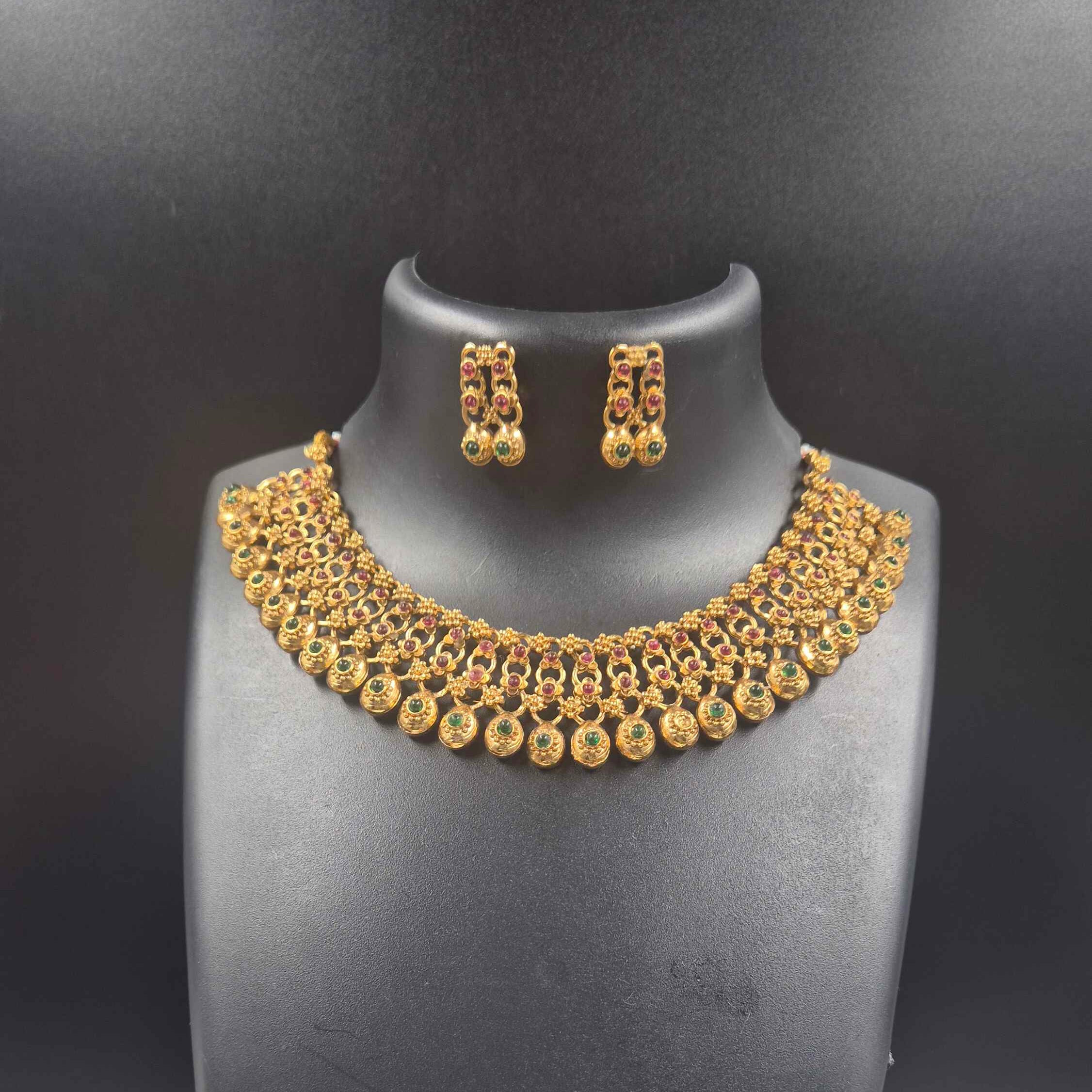 Antique Gold Temple Choker Necklace Set with Ruby & Green Stone Coin Drops