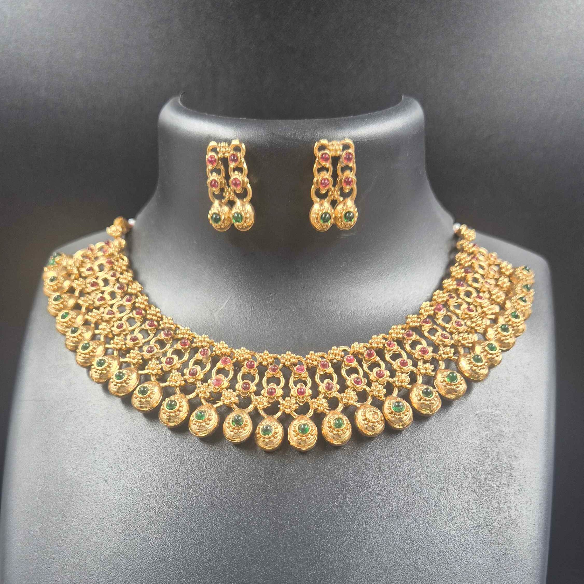 Antique Gold Temple Choker Necklace Set with Ruby & Green Stone Coin Drops