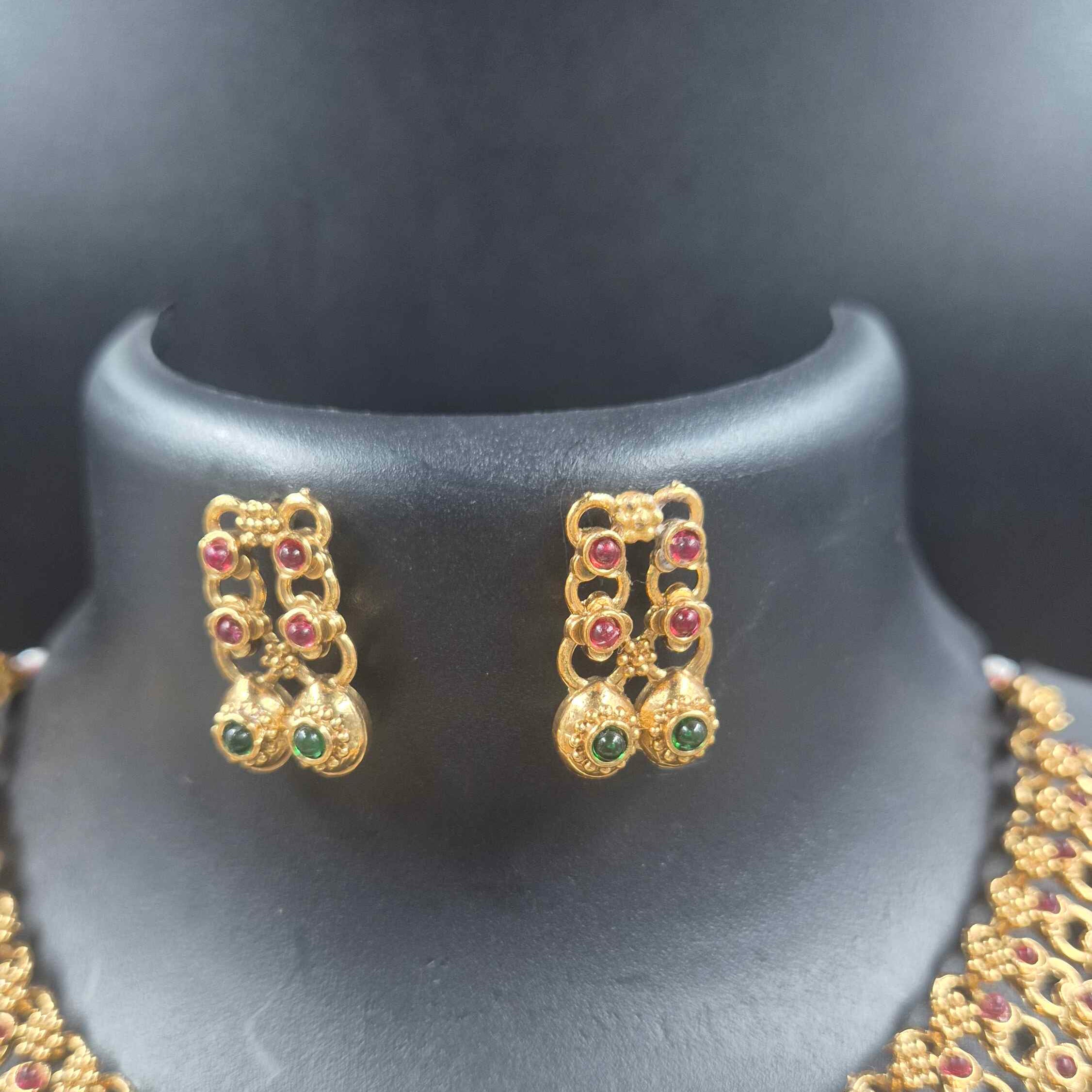Antique Gold Temple Choker Necklace Set with Ruby & Green Stone Coin Drops