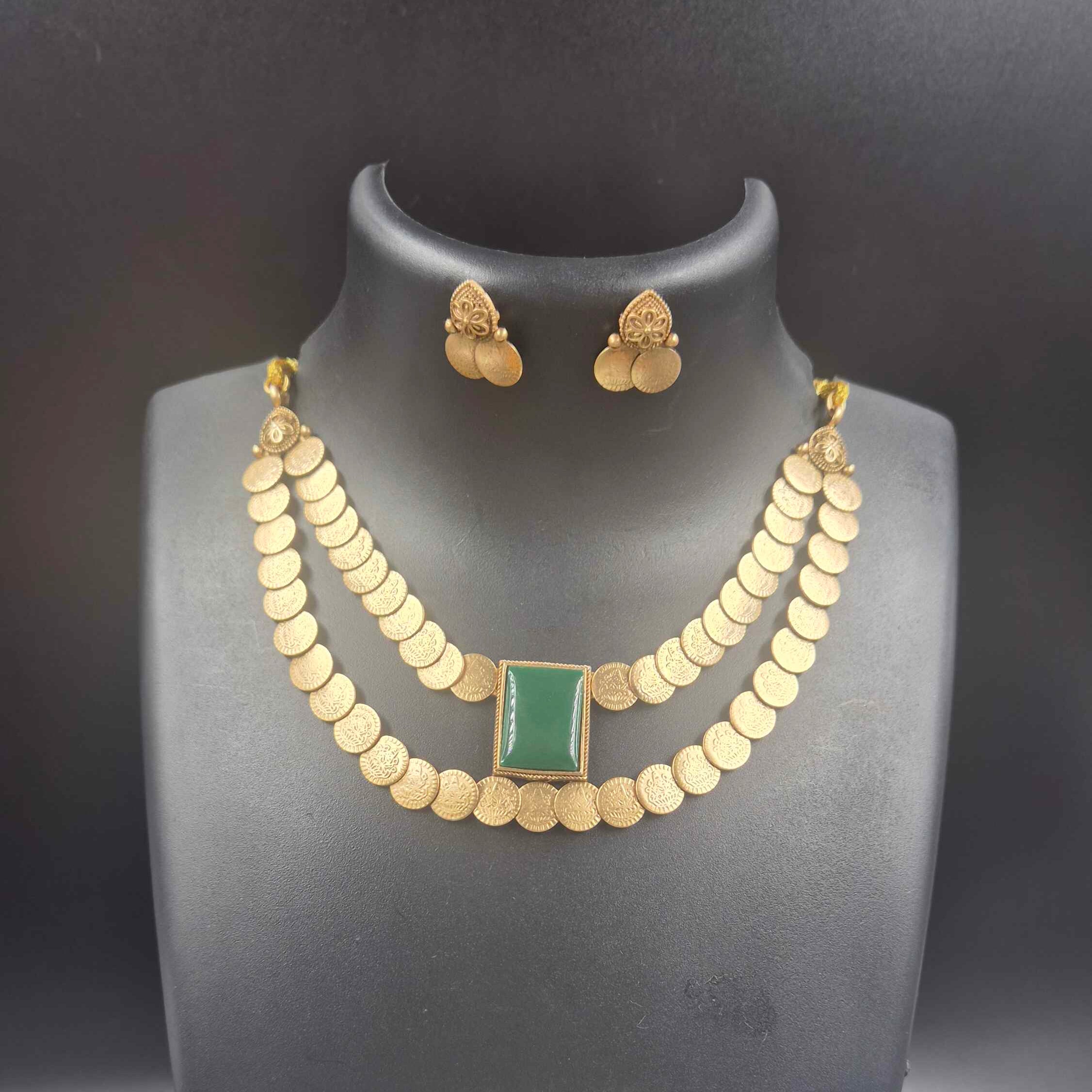Antique Gold Coin Layered Necklace Set with Emerald Green Statement Stone & Matching Earrings