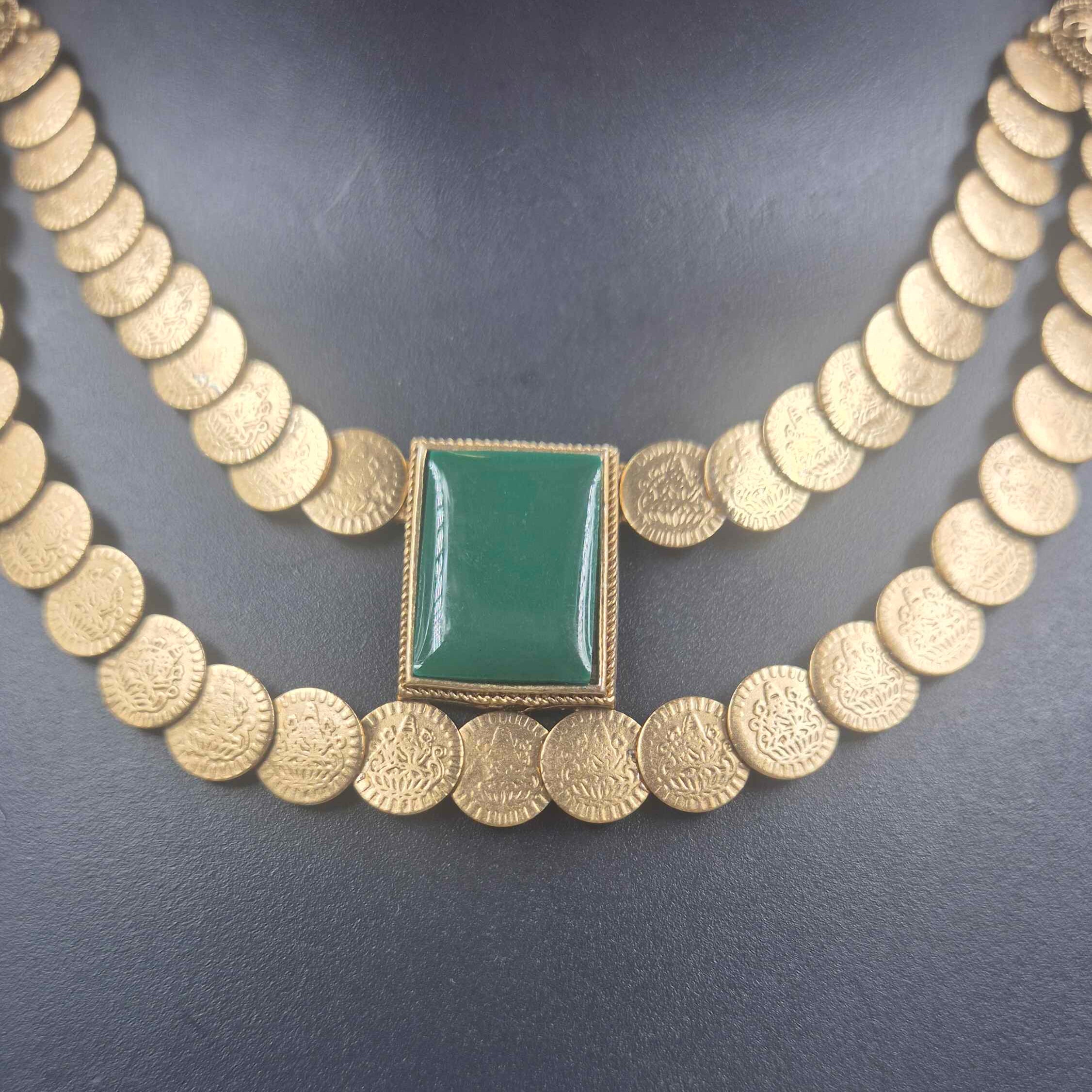 Antique Gold Coin Layered Necklace Set with Emerald Green Statement Stone & Matching Earrings